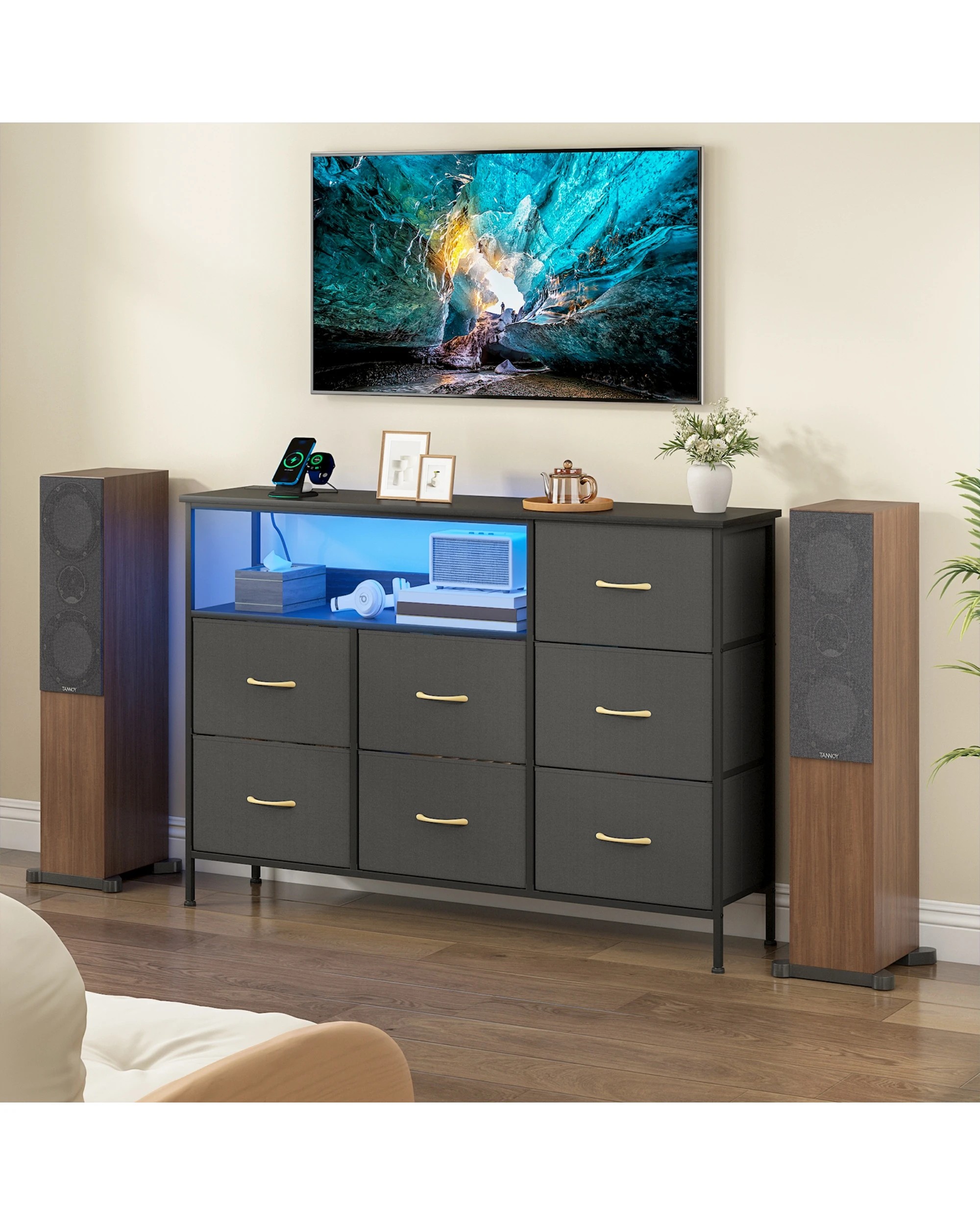 3 Advwin Chest of 7 Drawers?with Open Shelf Storage Charging Station & LED Lights - Black, 3 of 10