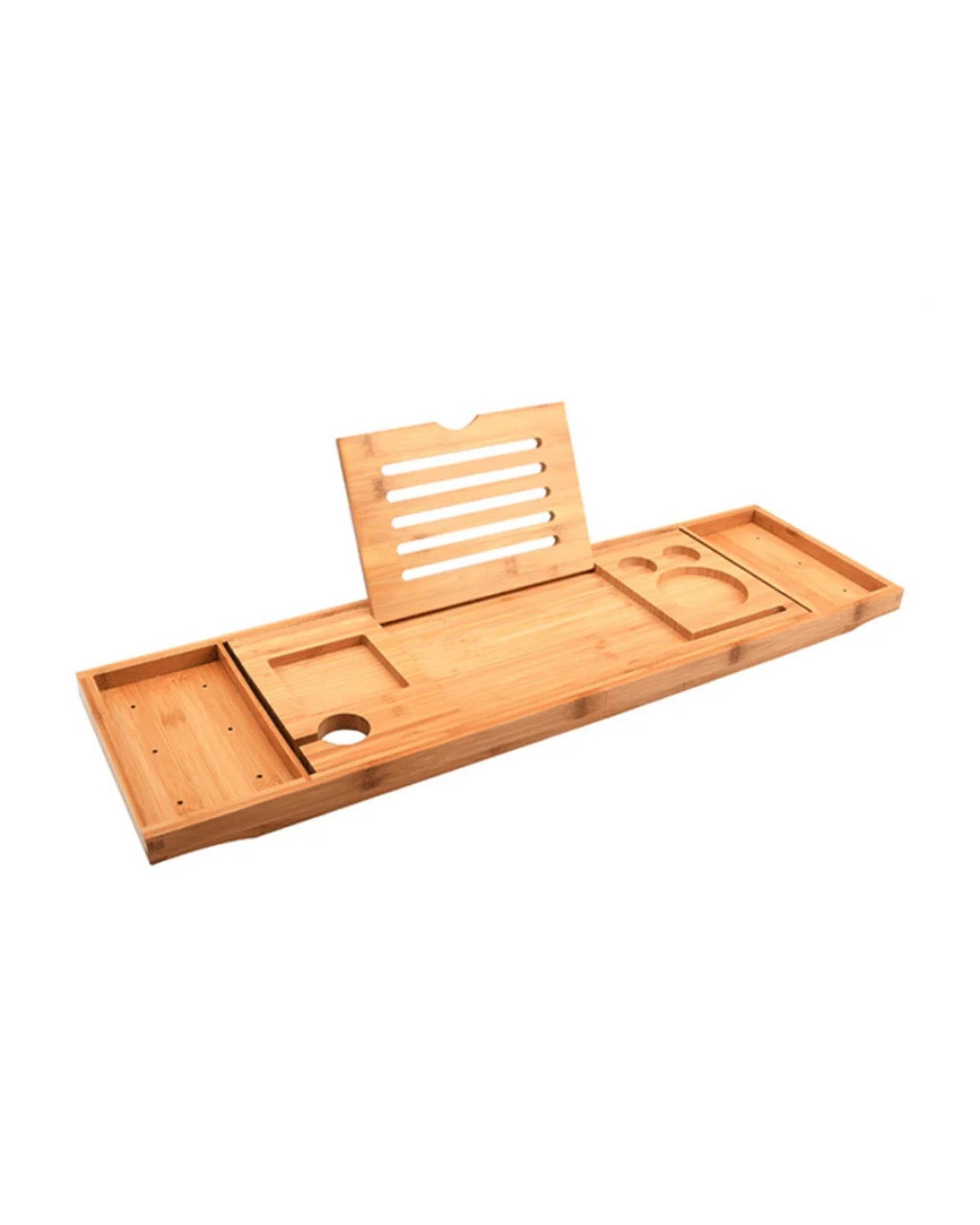 1 Orku Bamboo Bath Tray Caddy Adjustable - Spa Book Wine + Accessories Holder, 1 of 4