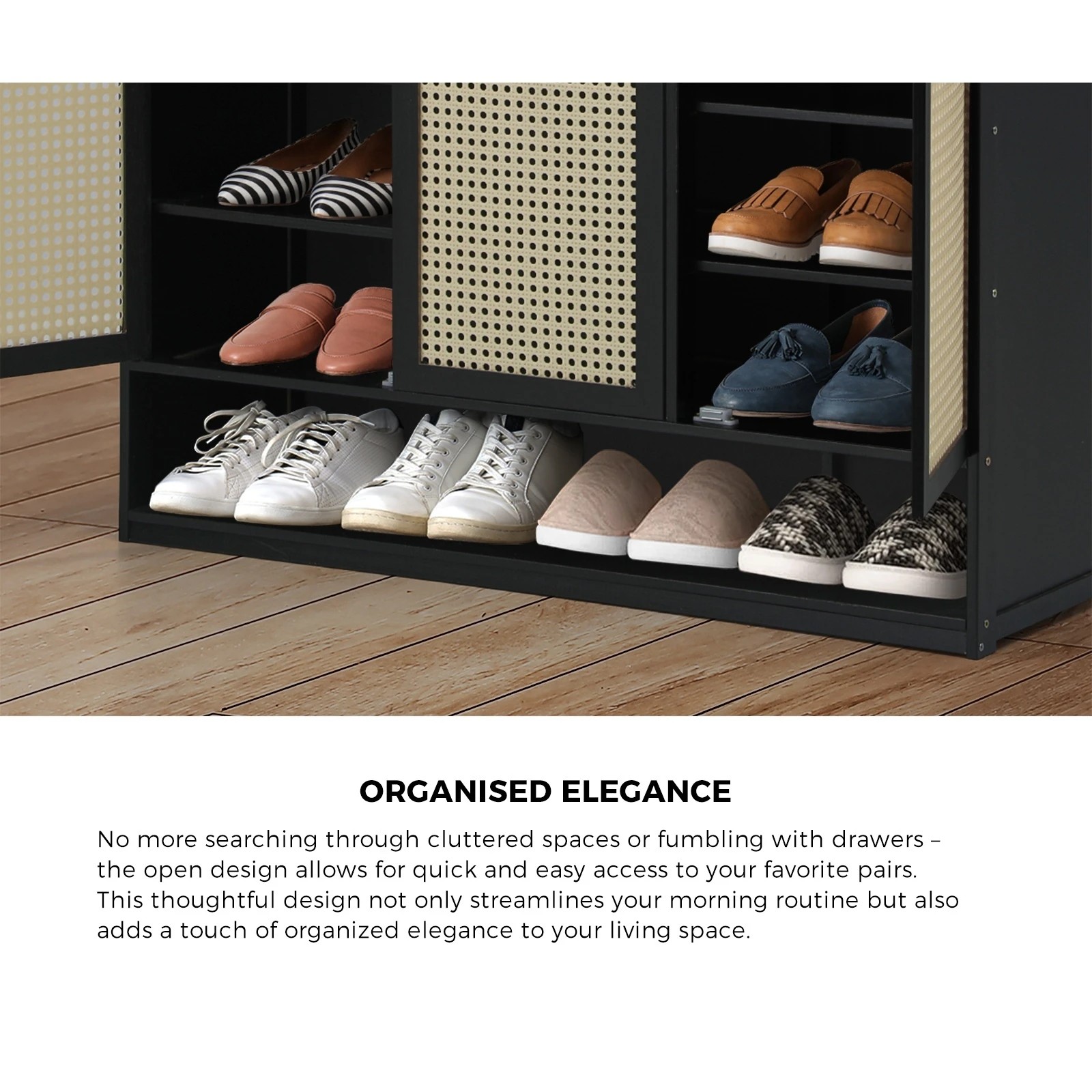 3 Oikiture Shoe Storage Cabinet Shoes Rack Organiser Shelf 3 Doors Rattan Style
 - Black, 3 of 9