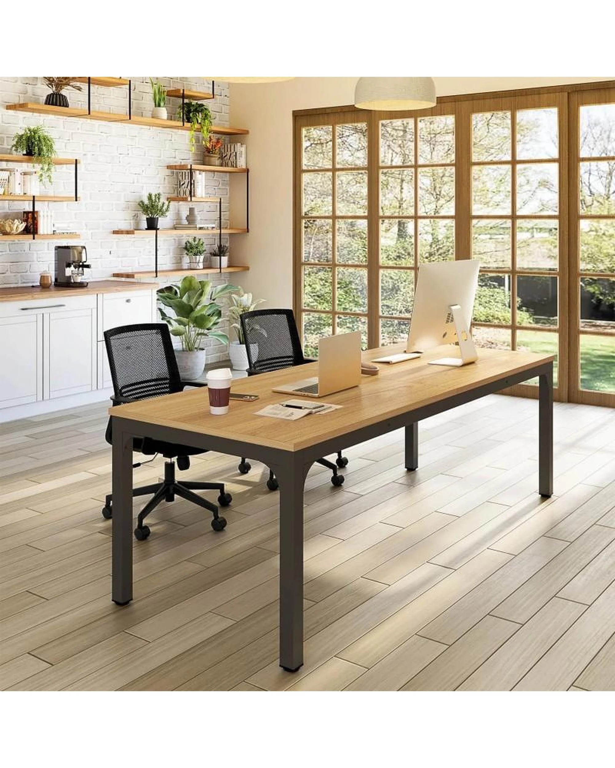 3 OAKORY 200cm Home Office Desk for Two People, Large Writing Desk with Heavy-Duty Metal Legs, Black & Light Walnut, 3 of 8