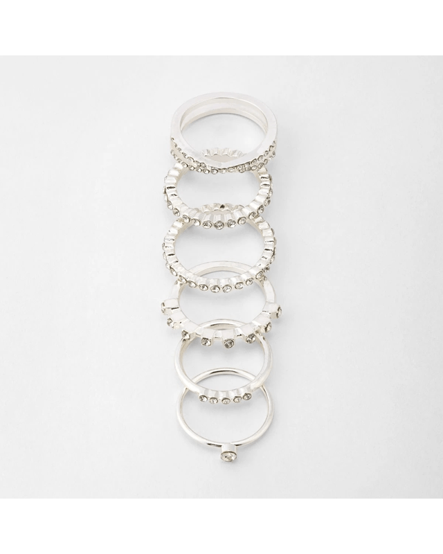 6 Pack Diamante Stack Rings - Silver 