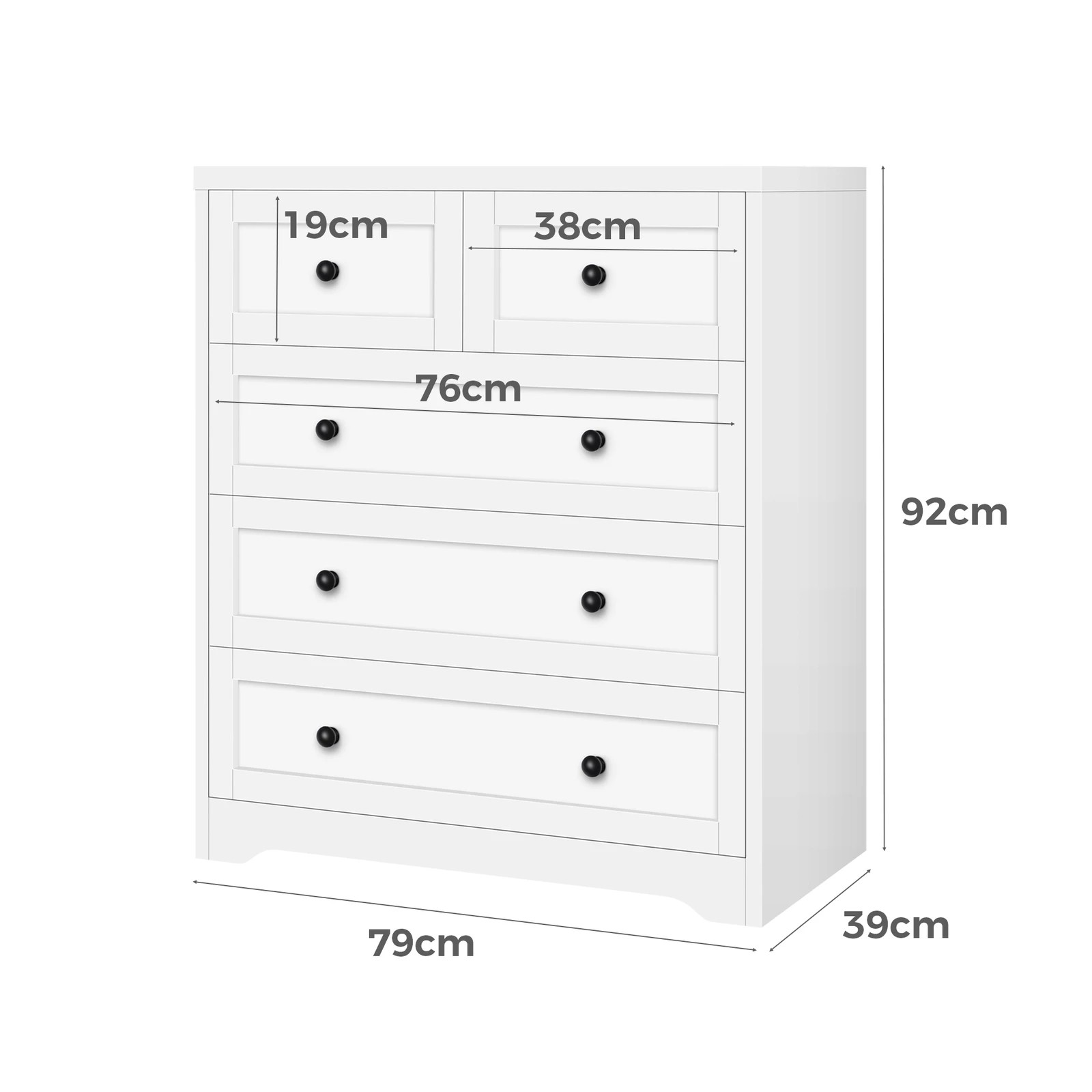 5 Alfordson 5 Chest of Drawers 2x Bedside Table Hamptons Bedroom Storage - White, 5 of 10