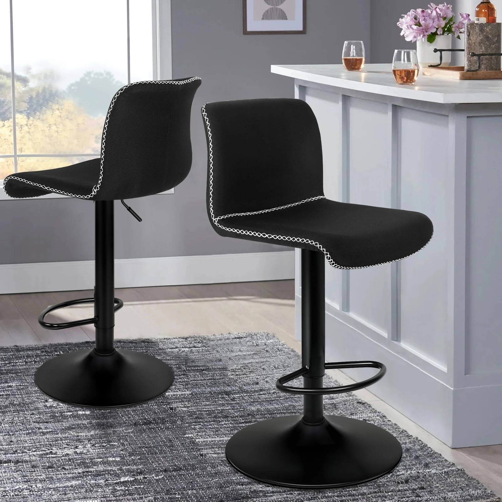 7 Alfordson 2x Bar Stools Remy Kitchen Gas Lift Swivel Vintage Chair Fabric - Black, 7 of 9