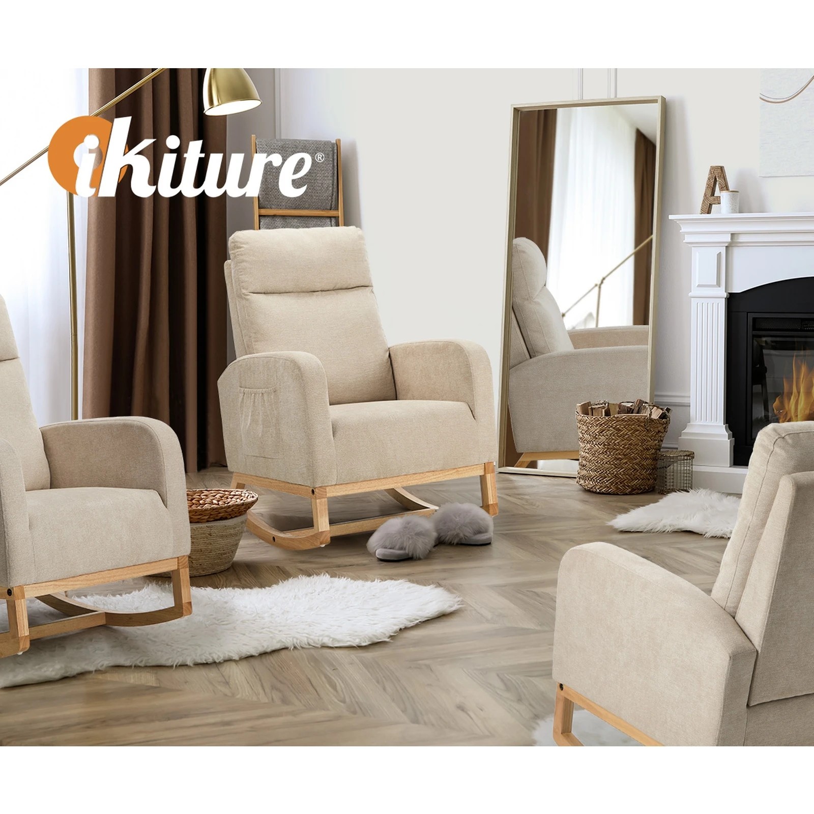 6 Oikiture Rocking Armchair Linen Fabric Lounge Chair Accent Chair - Beige, 6 of 10