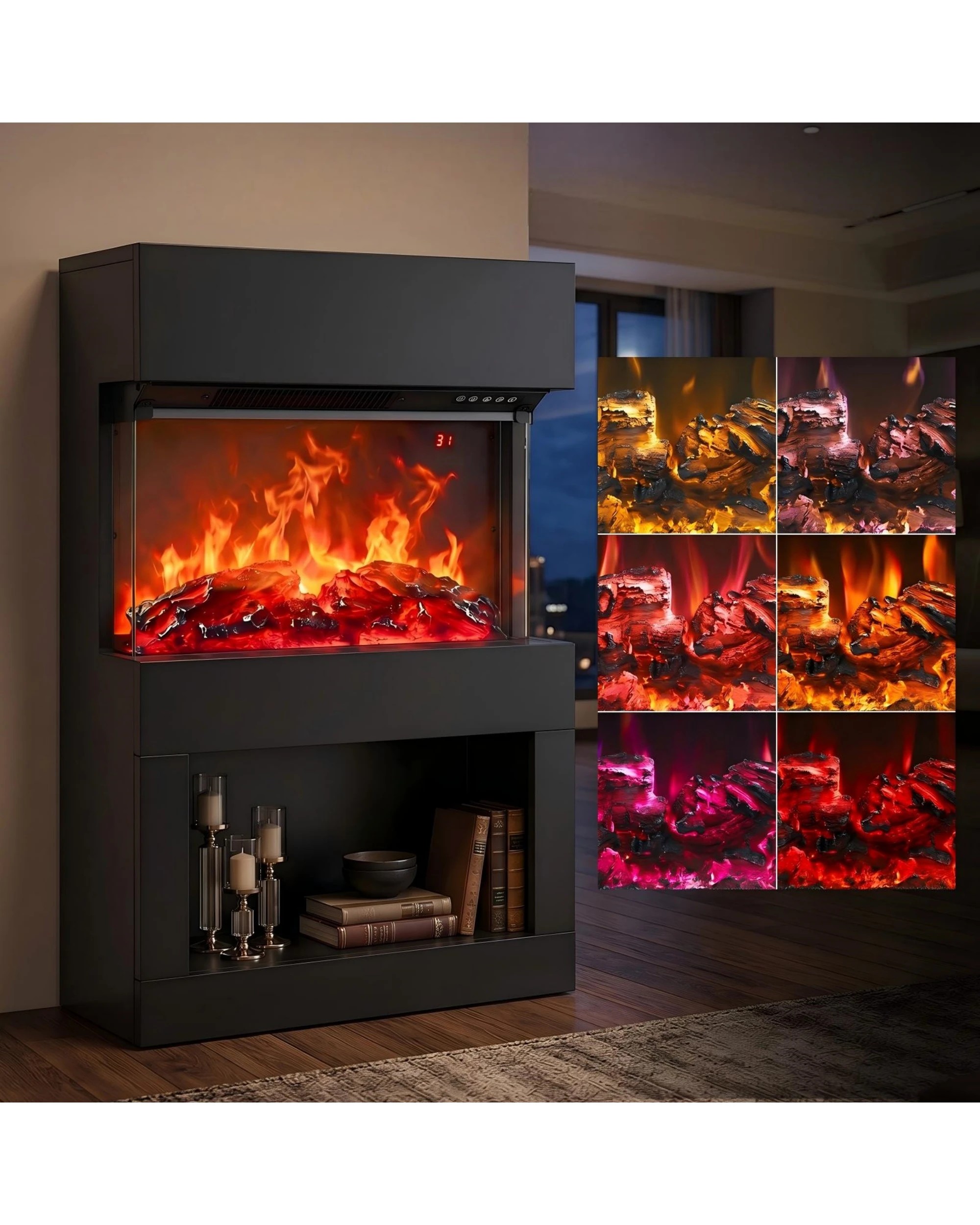 4 Yopower Electric Fireplace with Lower Storage 3D Flame 2-Heat Level Timer Remote - Black, 4 of 7