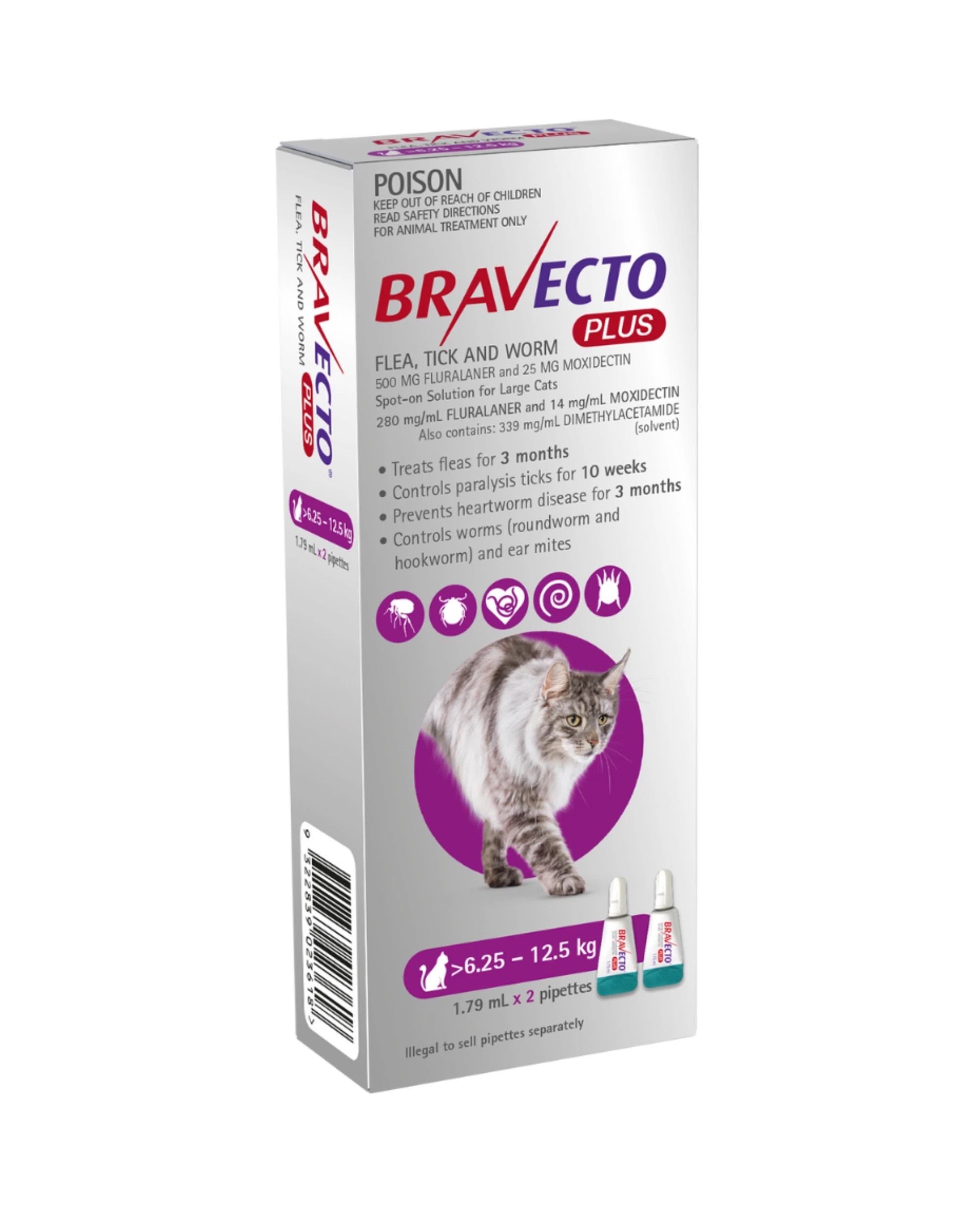 1 Bravecto Plus Spot On For Large Cats 6.25 - 12.5kg - 2 Pack, 1 of 2