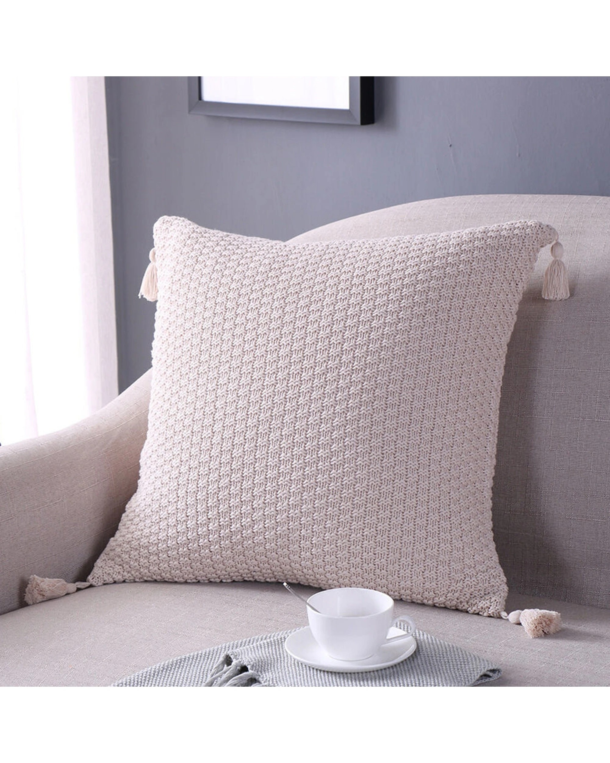 2 Cotton More Premium Cotton Knitted Tassel Cushion Cover 45x45cm - Beige, 2 of 2
