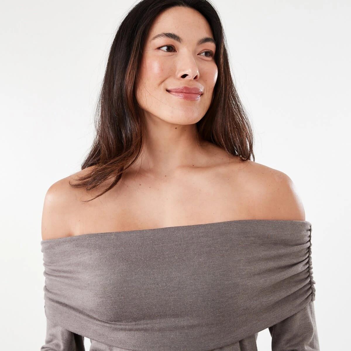 4 Long Sleeve Off Shoulder Top Taupe Brn, 4 of 5
