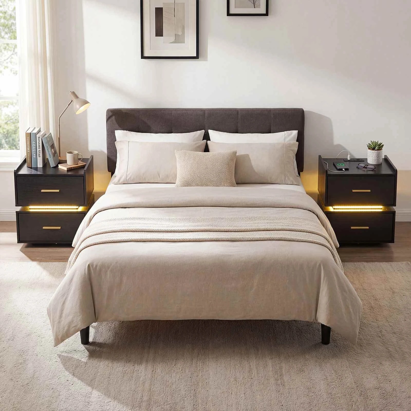 3 Costway LED Bedside Table w/Charging Station Modern Semi-floating Nightstand - Black, 3 of 5