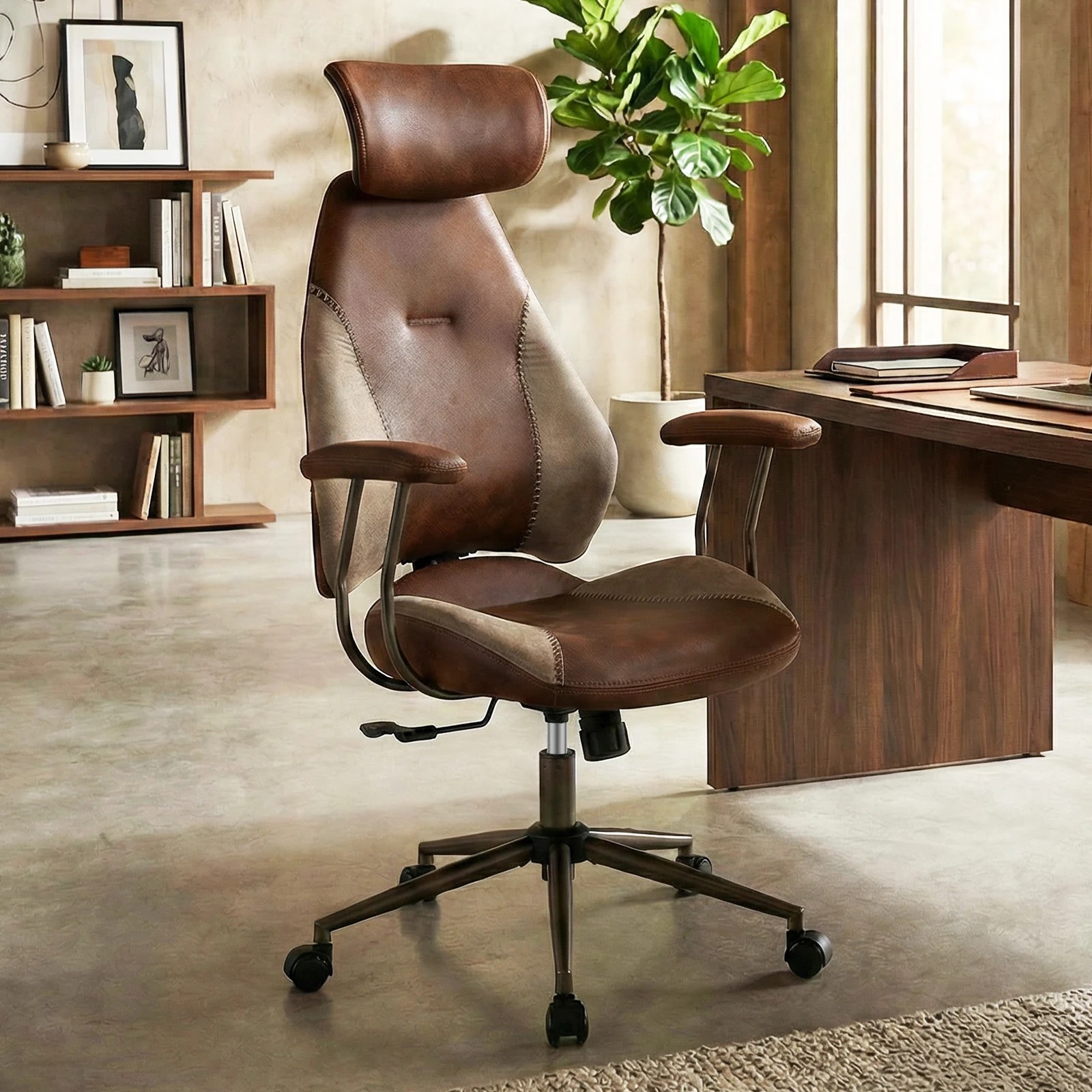 2 Costway Ergonomic Office Chair Flax Fabric Computer Desk Chair Armchair w/Headrest & Backrest - Brown, 2 of 3