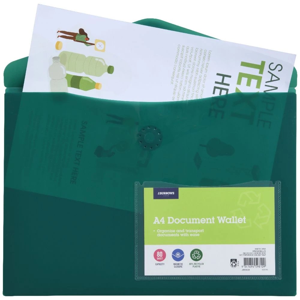 2 J.Burrows A4 Document Wallet Magnetic Closure Green, 2 of 4