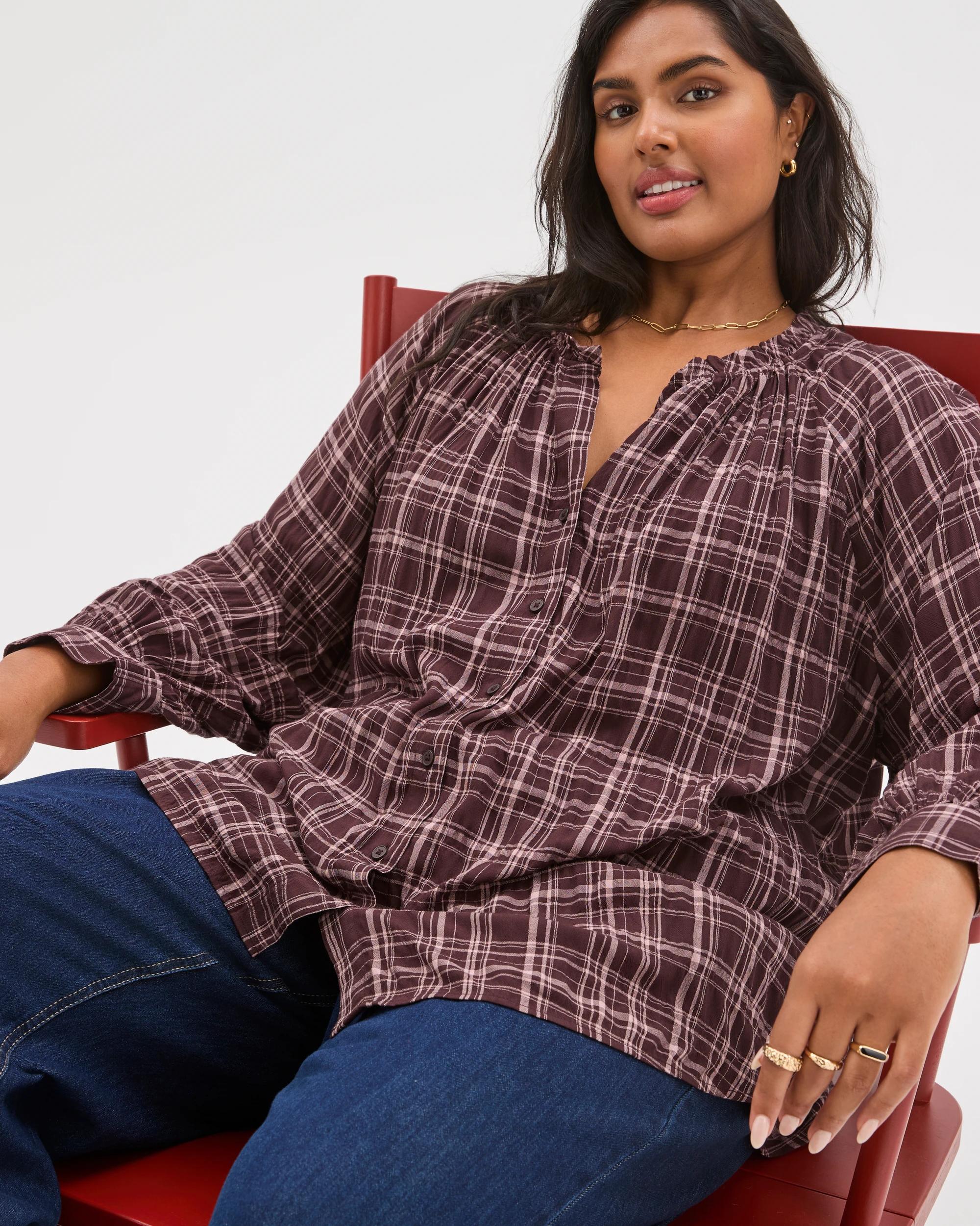 1 Target Curve Plus Size Long Sleeve Romantic Blouse CHOCOLATE PLUM CHECK, 1 of 7