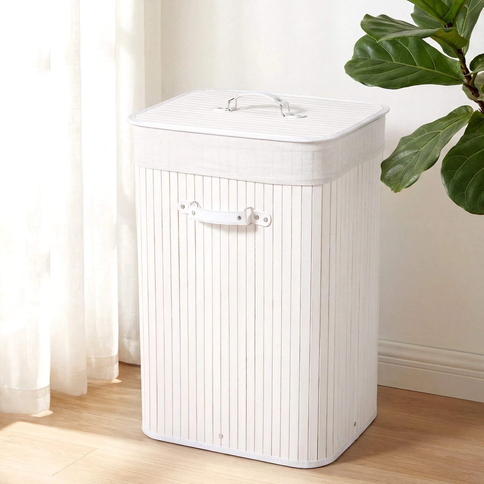 4 Costway 72L Bamboo Laundry Hamper Cloth Storage Basket Collapsible Bin Bathroom - White, 4 of 5