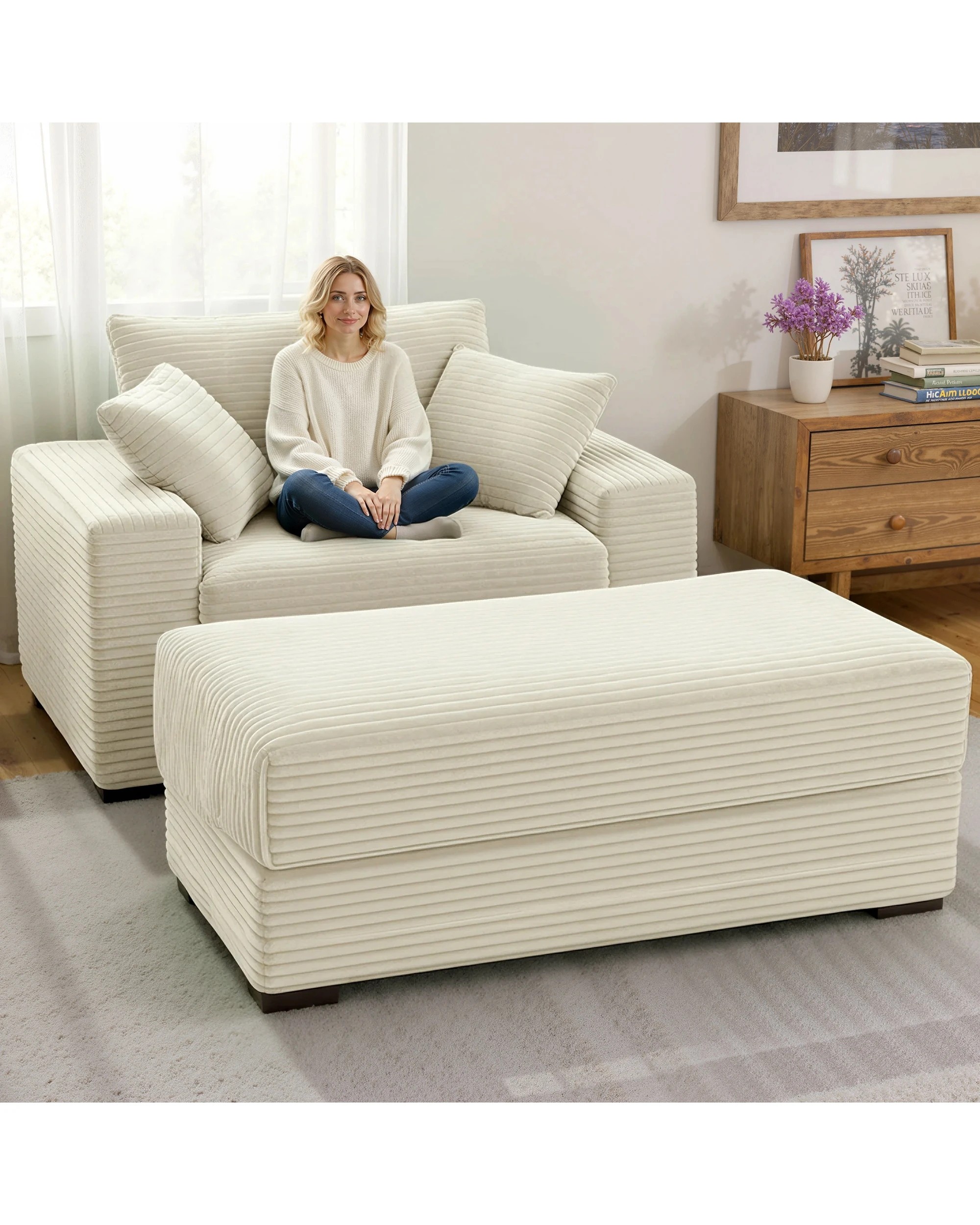 5 Advwin 148cm Chaise Lounge Chair w/ Storage Ottoman Corduroy Cloud Couch Oversized Sleeper Upholstered Sofa Bed, 5 of 9