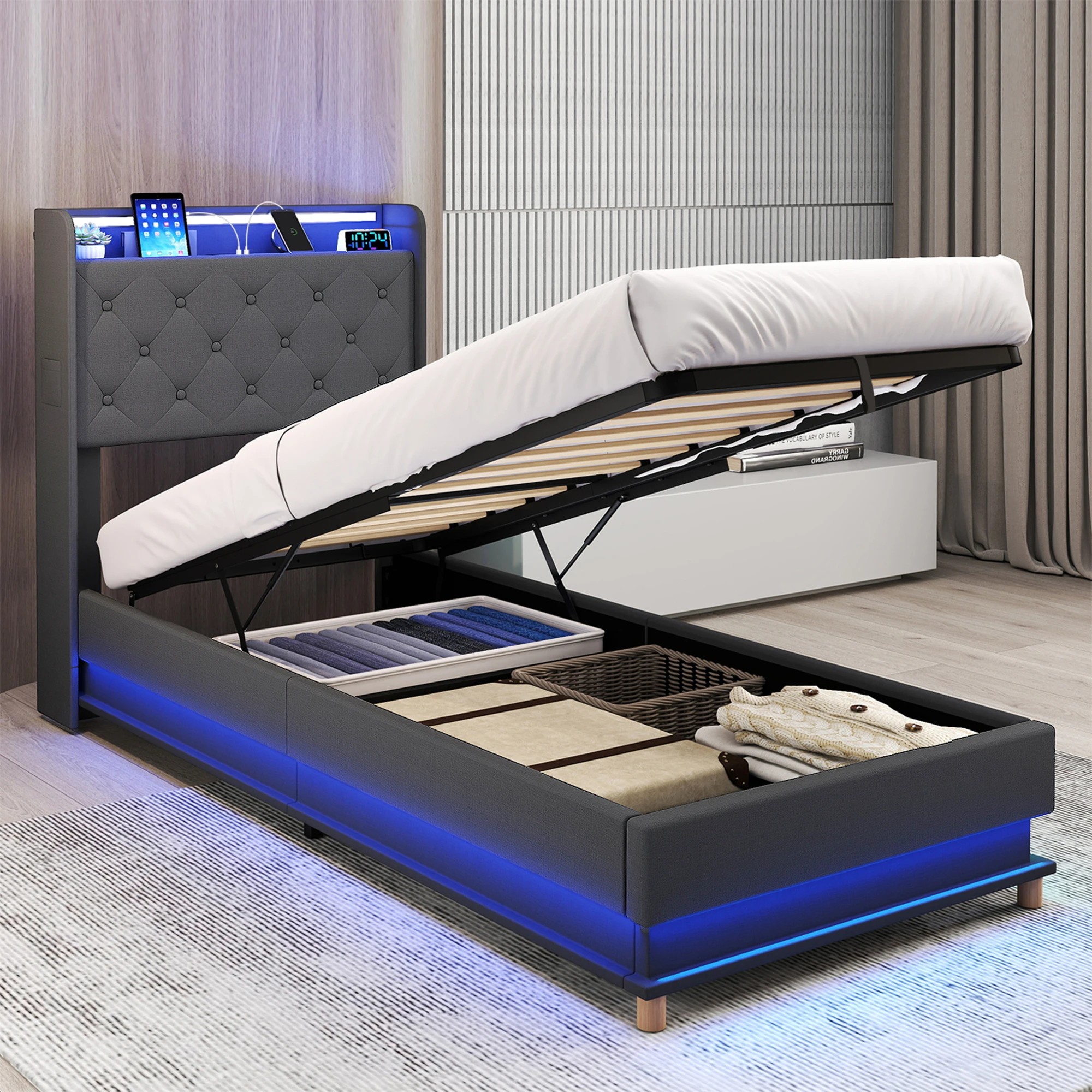 8 Levede Single Bed Frame Fabric with LED and Charging Station - Grey, 8 of 9