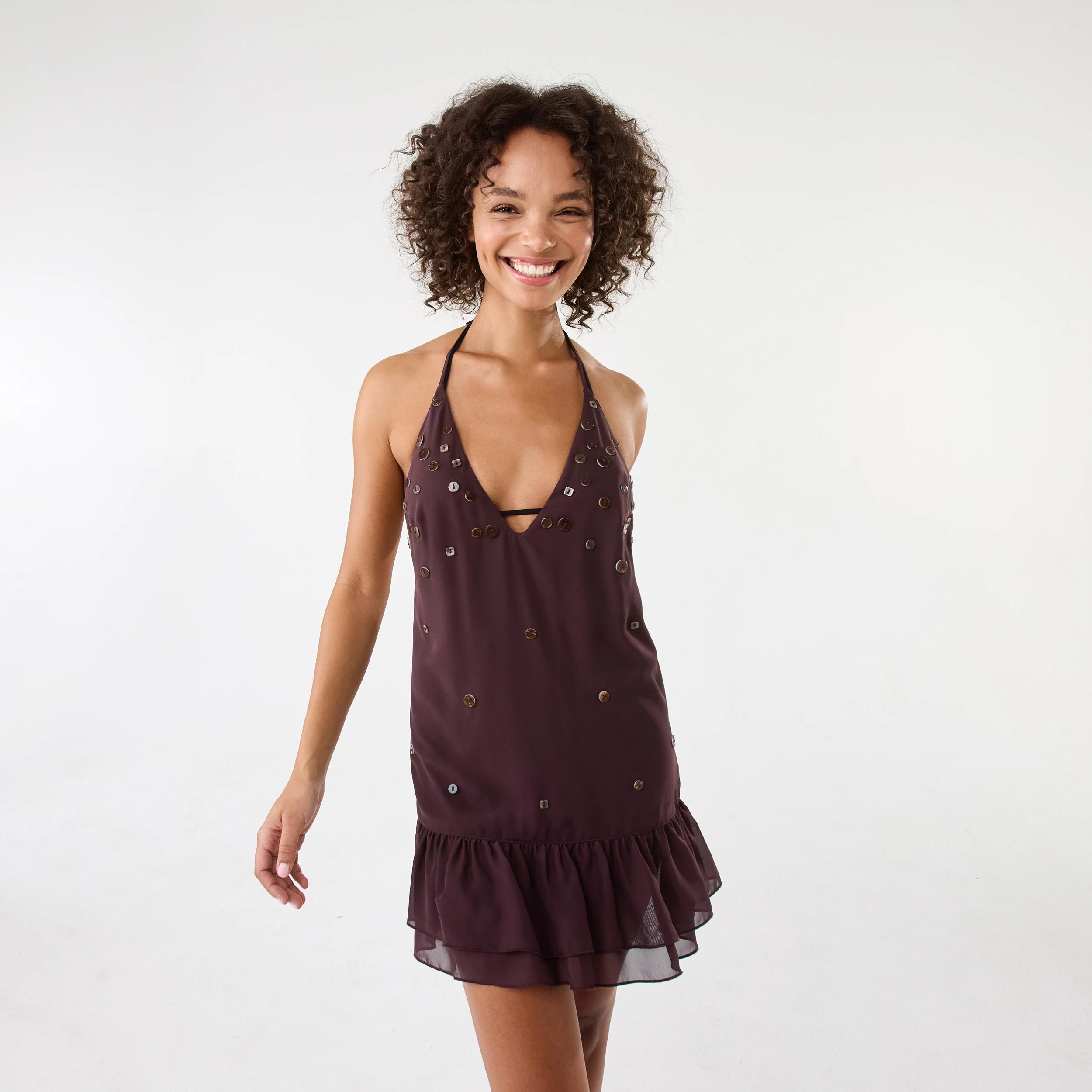 1 Sleeveless Button Detail Mini Dress Fudge, 1 of 10