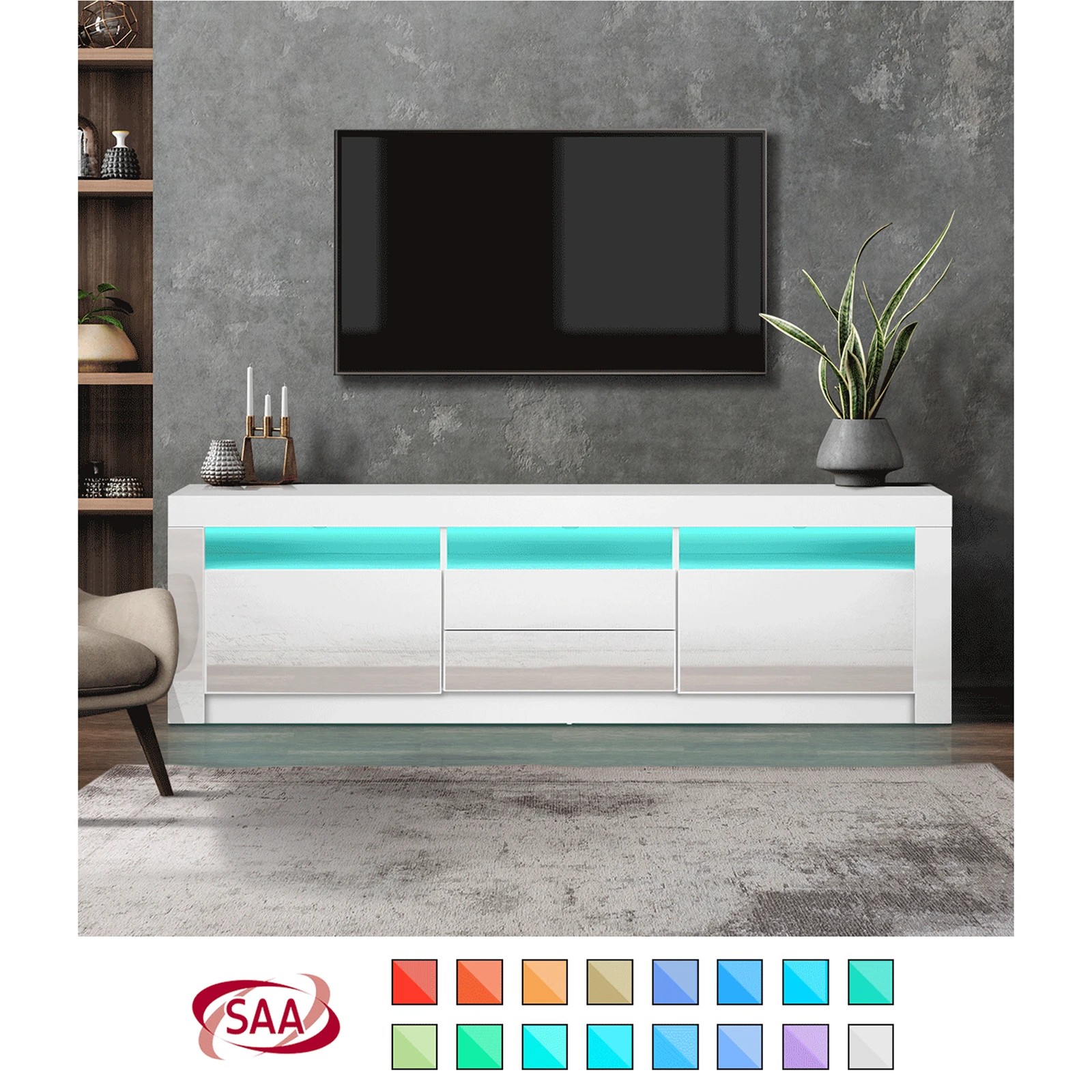 3 Oikiture Entertainment Unit Rgb Led Gloss Black 180cm
 - White, 3 of 10