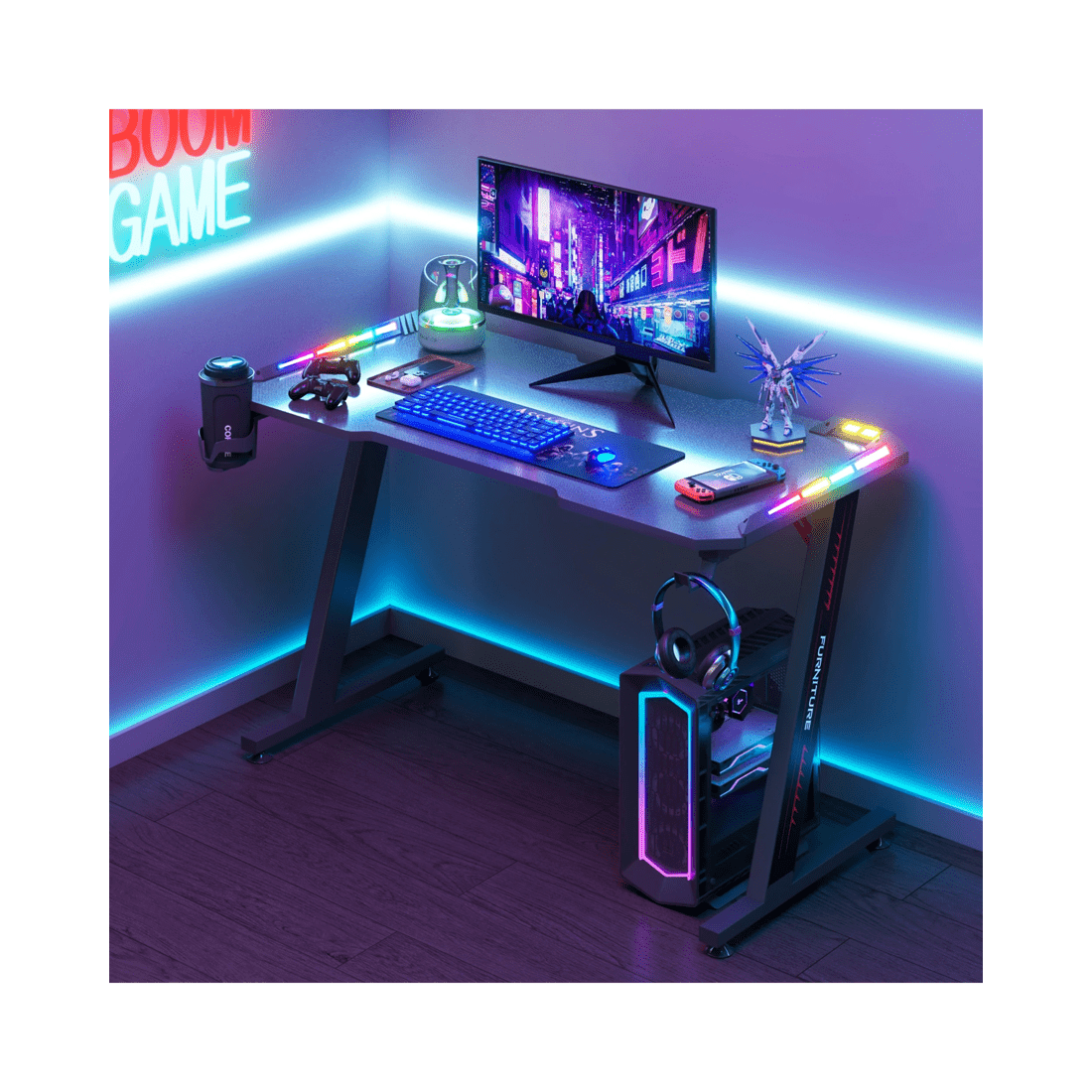 3 Advwin 120cm Black Gaming Desk Rgb Led Light Computer Desk, 3 of 7