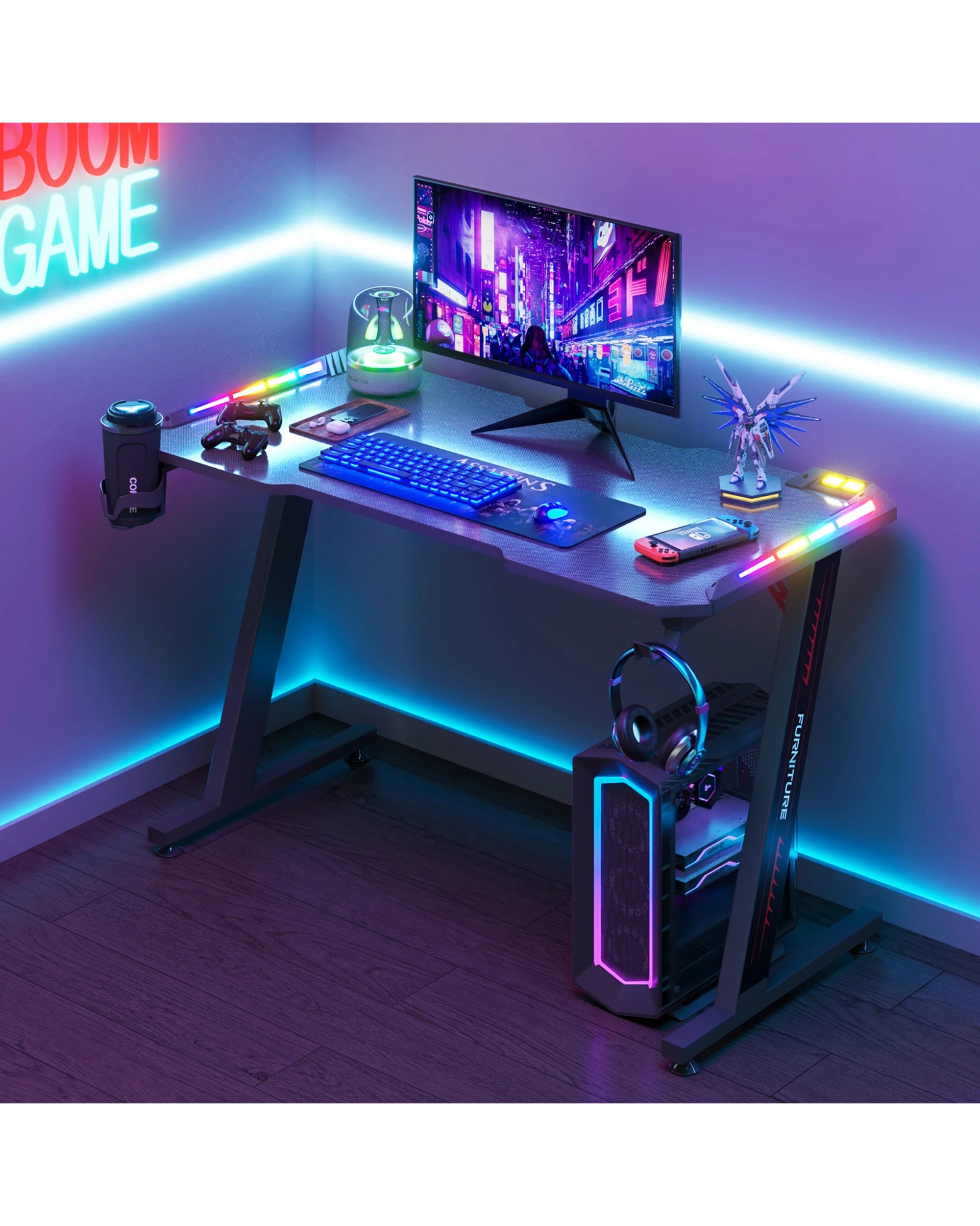 3 Advwin 120cm Black Gaming Desk Rgb Led Light Computer Desk, 3 of 7