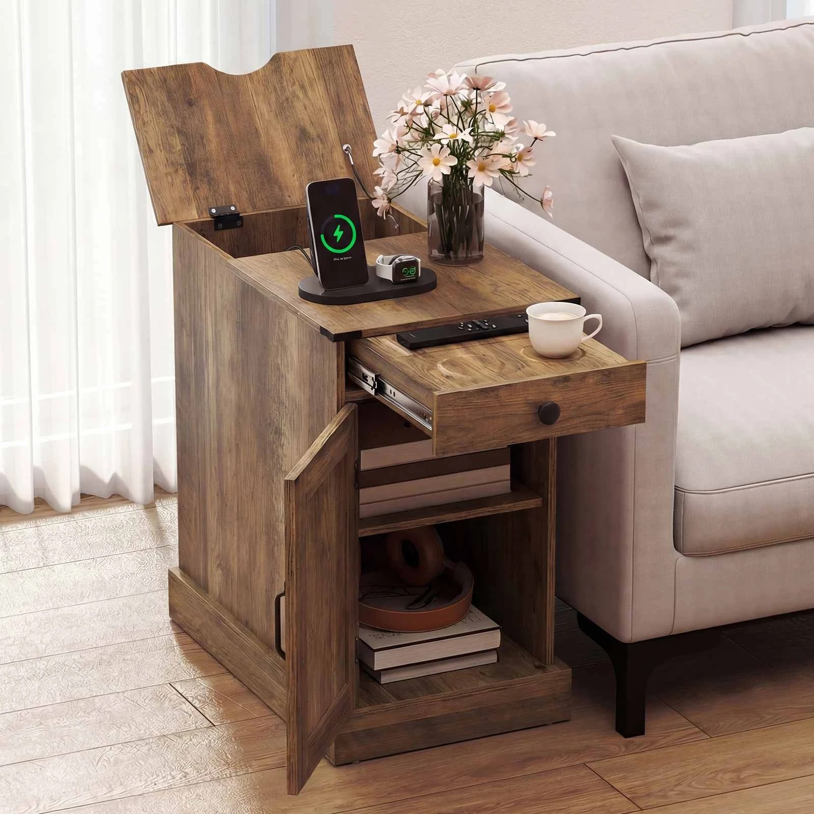 2 Costway Sofa Bedside Table w/Power Outlets & Drawer Storage Cabinet Nightstand, 2 of 4