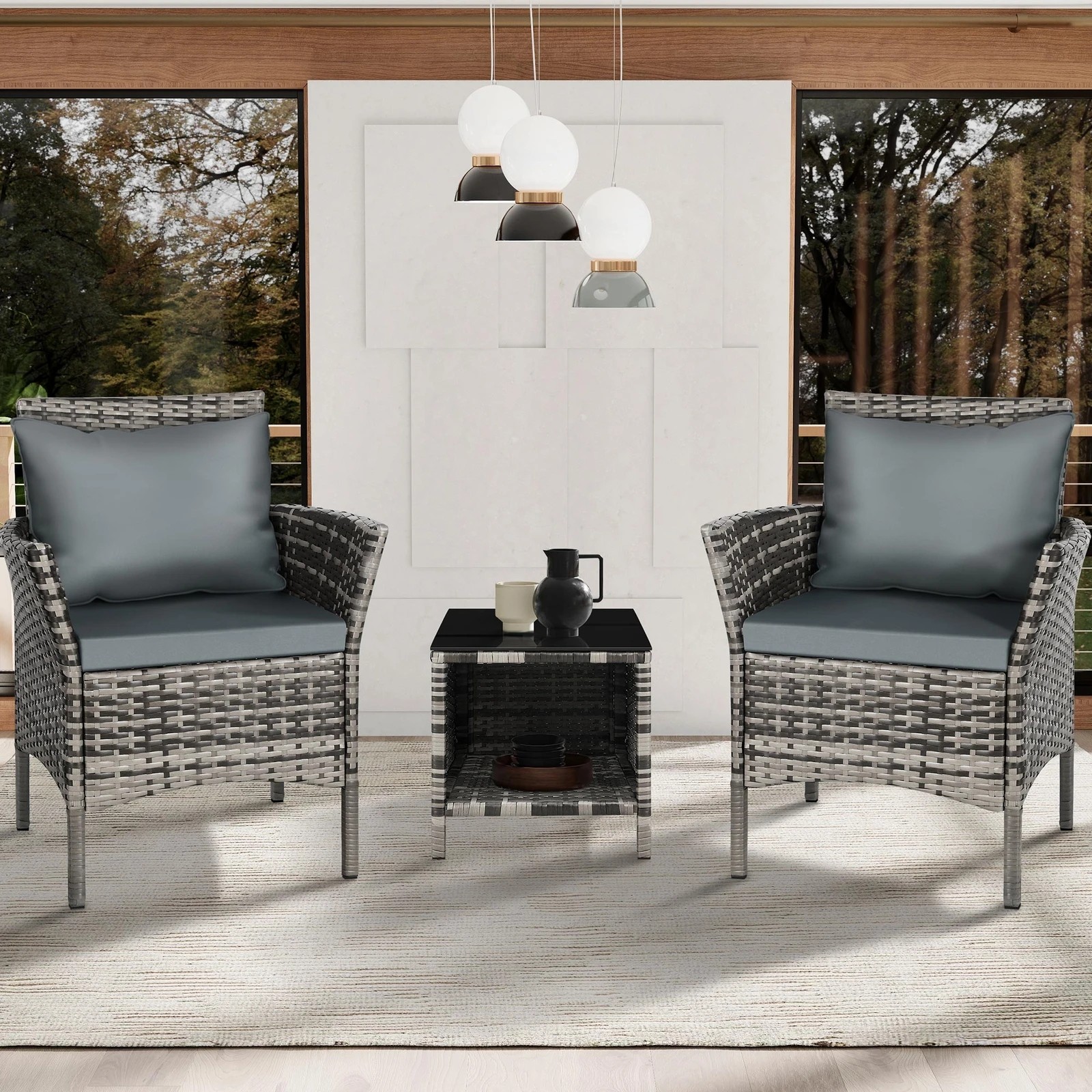 3 Alfordson Outdoor Furniture 3PCS Wicker Bistro Set Patio Chairs Table With Pillow - Mixed Grey, 3 of 10