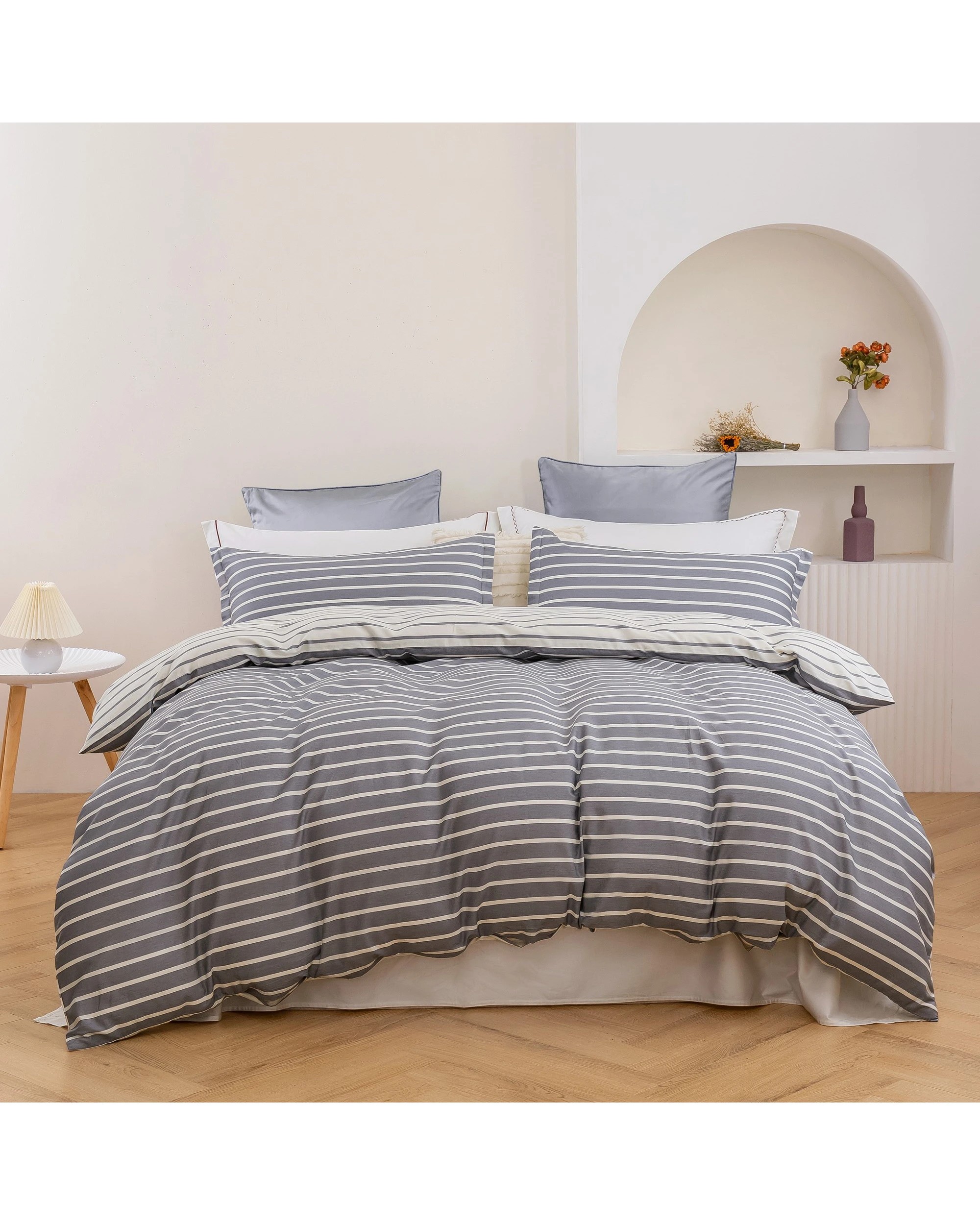 1 Dreamaker Miller Stripe 100% Cotton Reversible Quilt Cover Set - King Single Bed - Grey, 1 of 6