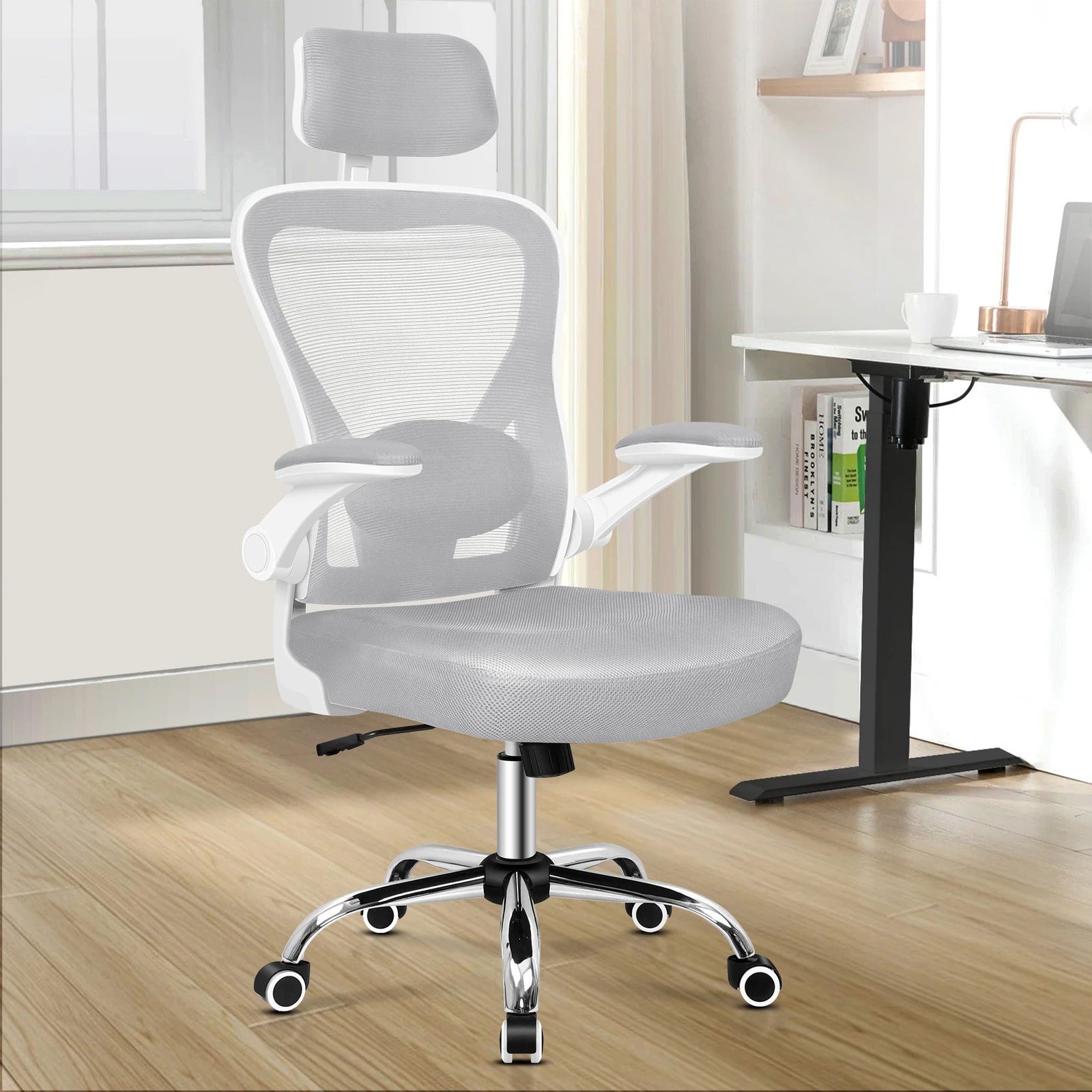 2 Alfordson Mesh Office Chair Executive Computer Gaming Fabric Seat - Grey White, 2 of 10