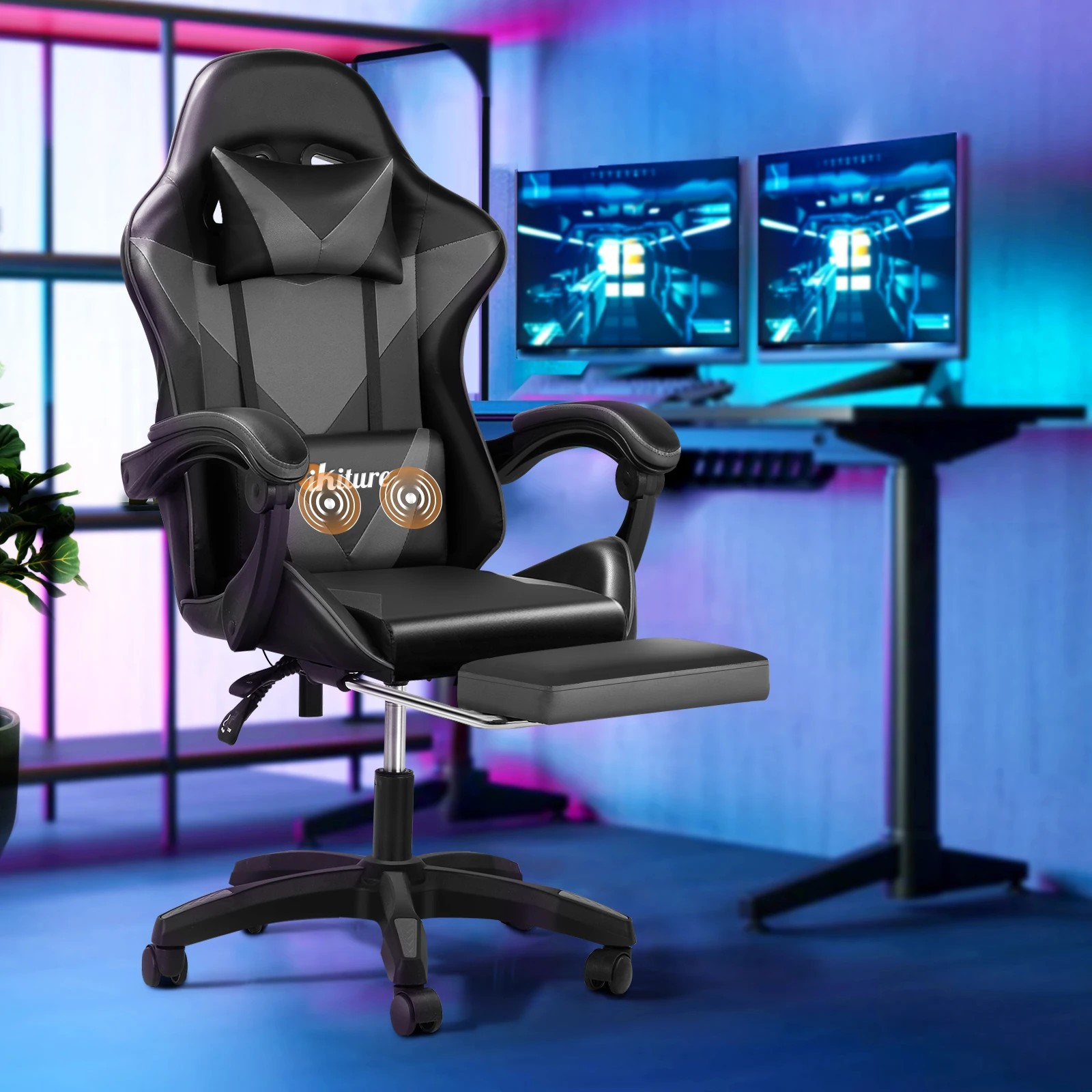 6 Oikiture Gaming Chair Massage Racing Recliner Office PU Leather with Footrest - Multi, 6 of 6
