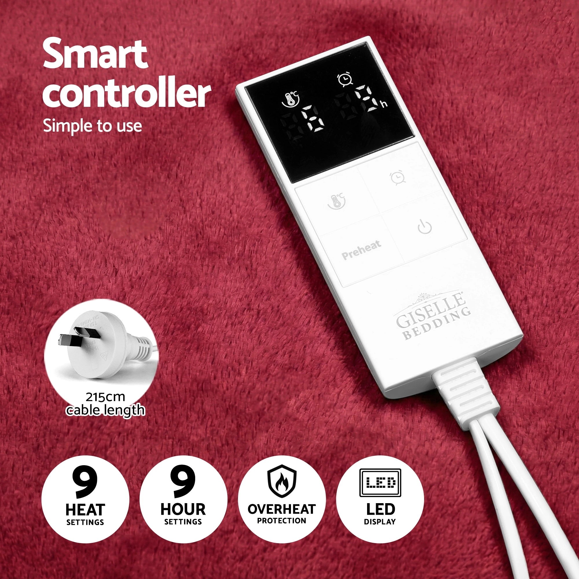 3 Giselle Electric Throw Rug Double Size 200x180cm Fleece Flannel Heated Blanket - Burgundy, 3 of 8