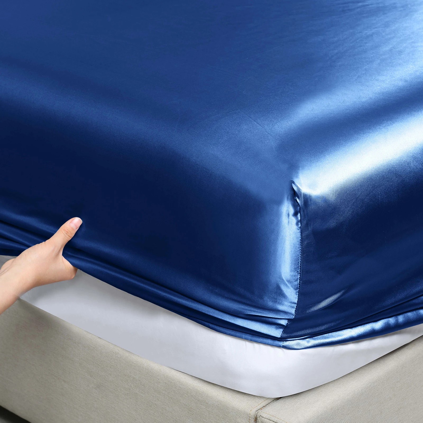 6 Royal Comfort Satin Sheet Set 3 Piece Fitted Sheet Pillowcase Soft Silky Smooth - King Bed - Blue, 6 of 6