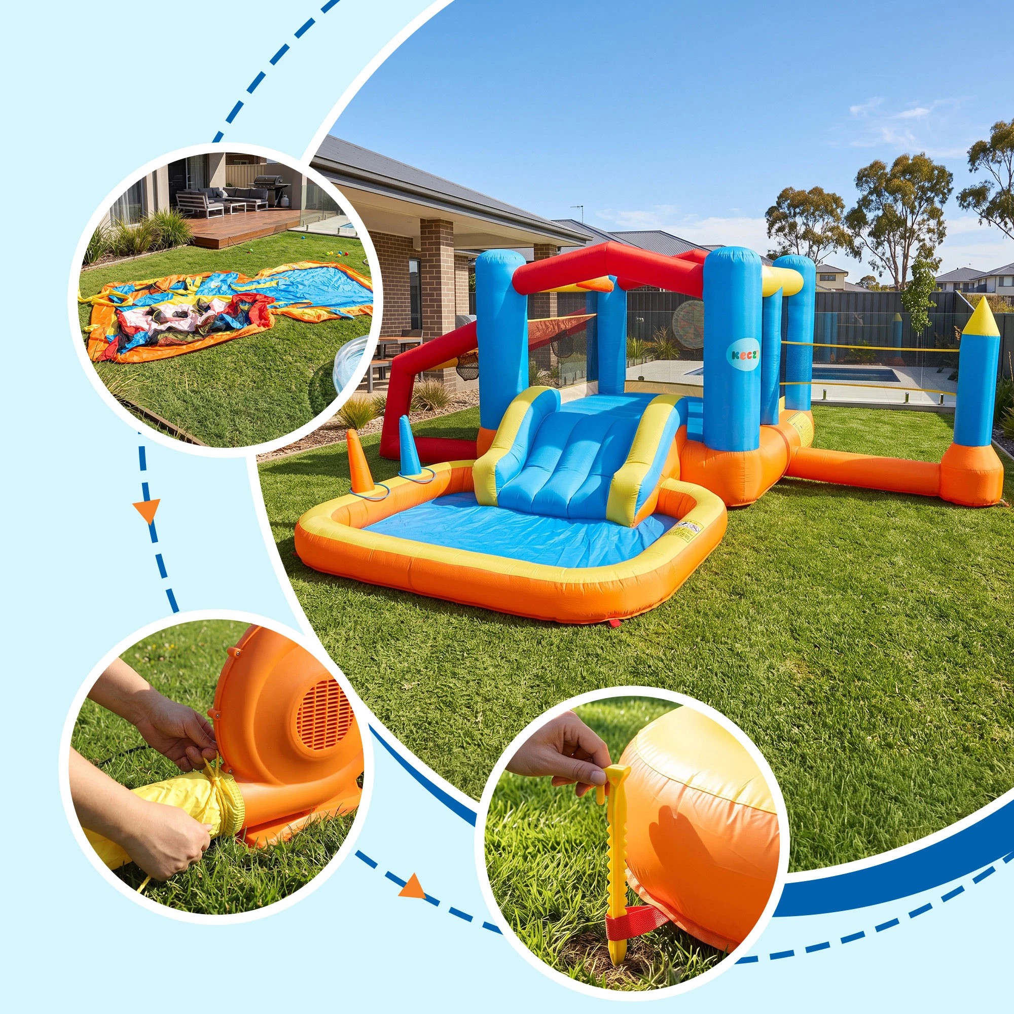 9 Keezi Inflatable Kids Pool Trampoline Play Park Jumping Castle Volleyball Net Slide Football Goal with Blower - Multi, 9 of 10