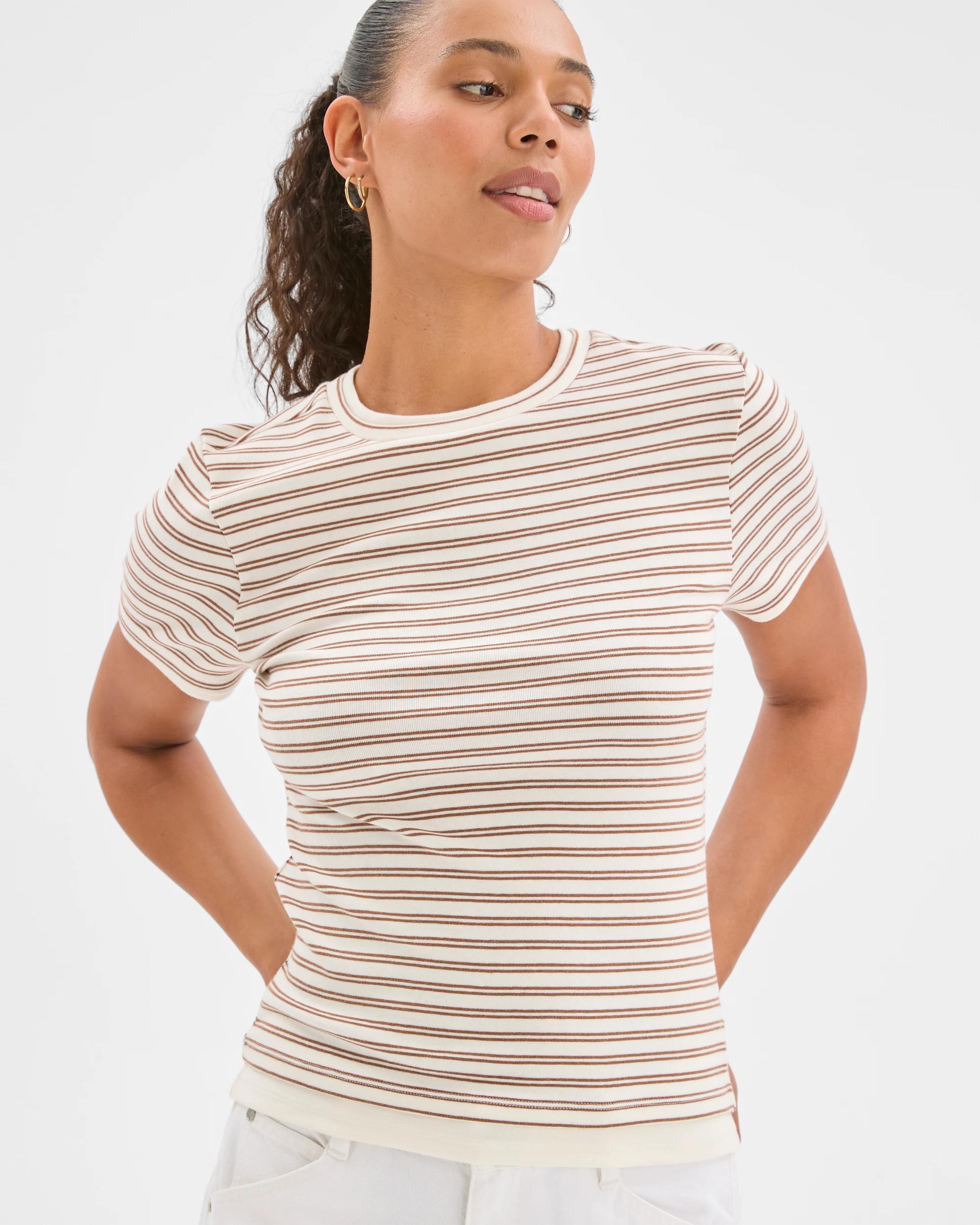 2 Target Woman Soft Touch Double Layer Fitted T-Shirt BUTTERSCOTCH/CLOUD DANCER STRIPE, 2 of 6