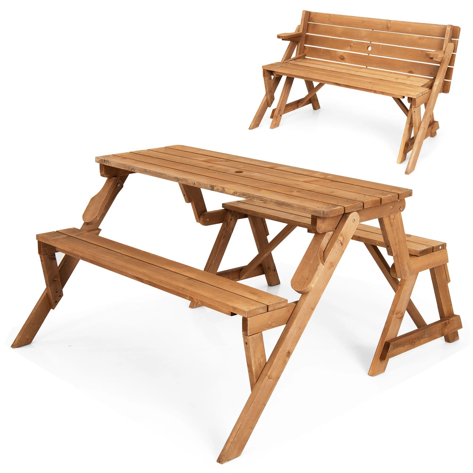 3 Costway 2-in-1 Convertible Picnic Table Wood Patio Dining Set w/Umbrella Hole, 3 of 5