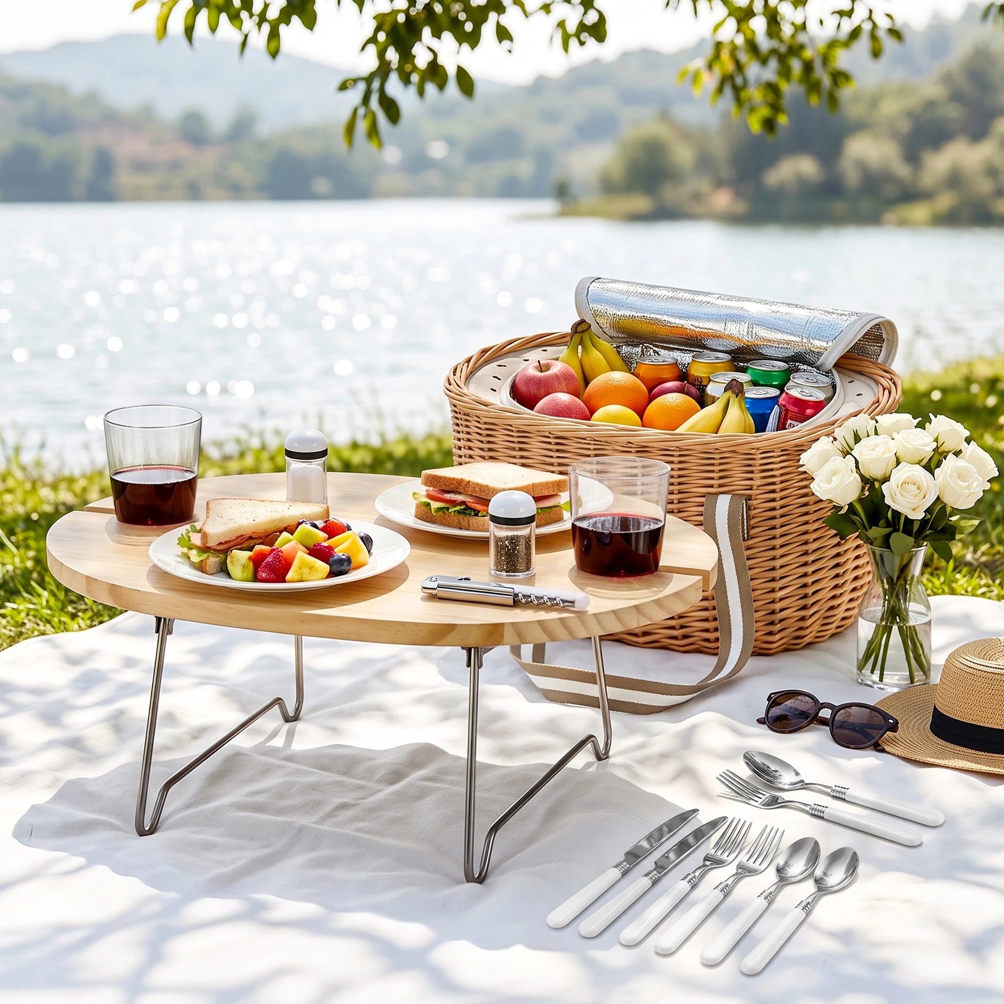 7 Alfresco 2 Person Insulated Picnic Basket Set with Foldable Wood Table - Multi, 7 of 8