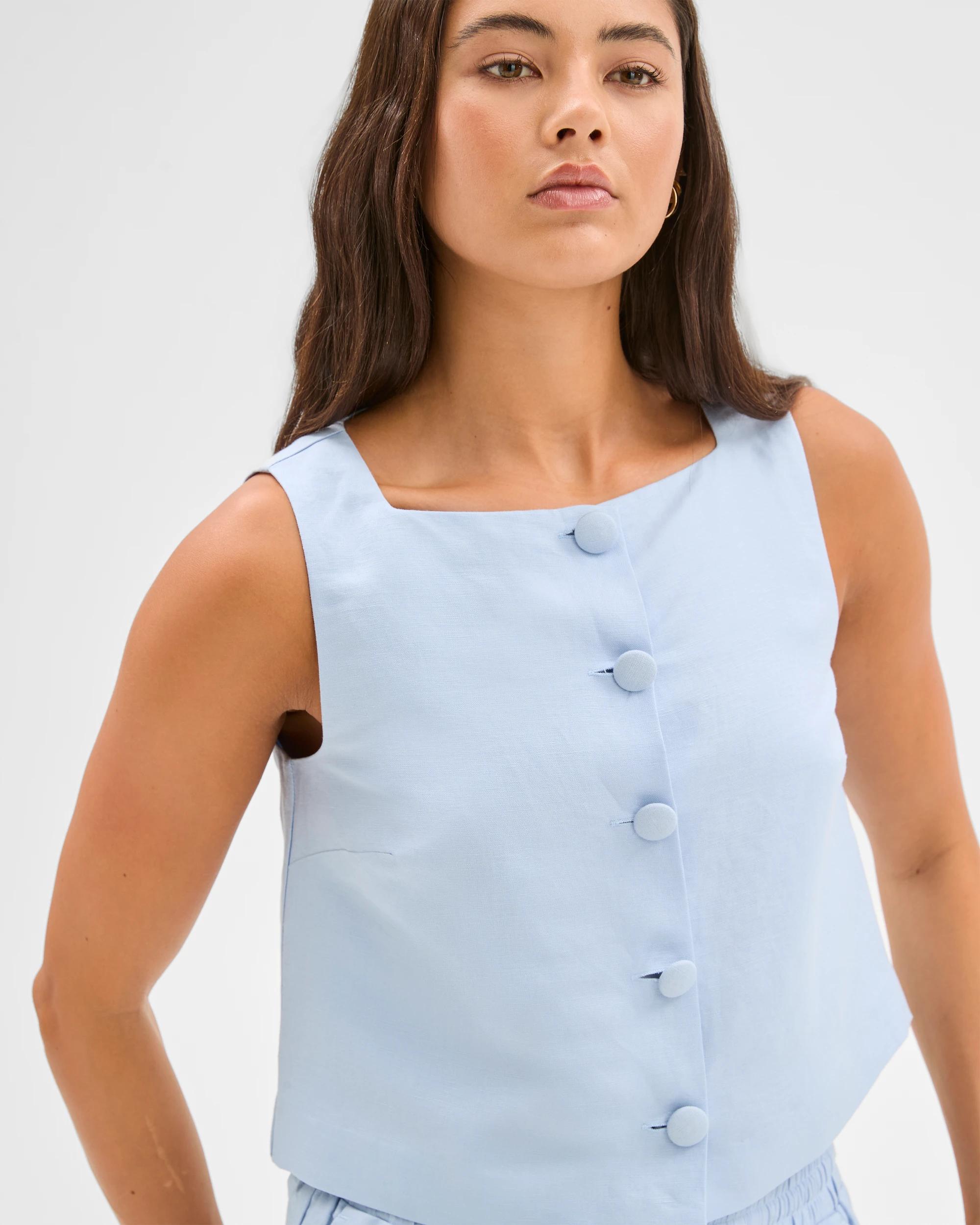 4 European Linen Blend Button Through Shell Top - Lily Loves BLUE, 4 of 6