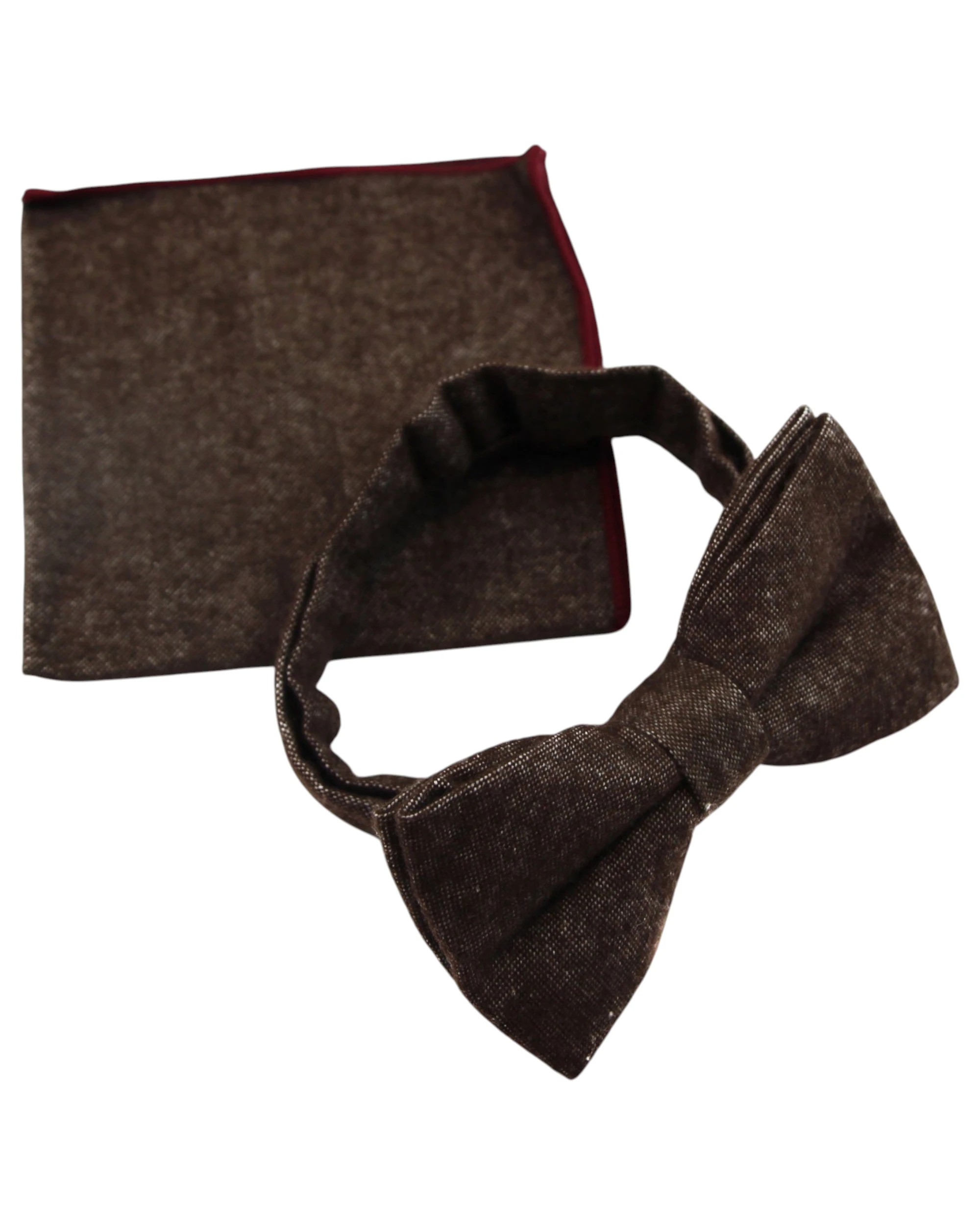1 Zasel Mens Brown Denim & Burgundy Trim Cotton Bow Tie & Pocket Square Set - Multi, 1 of 5