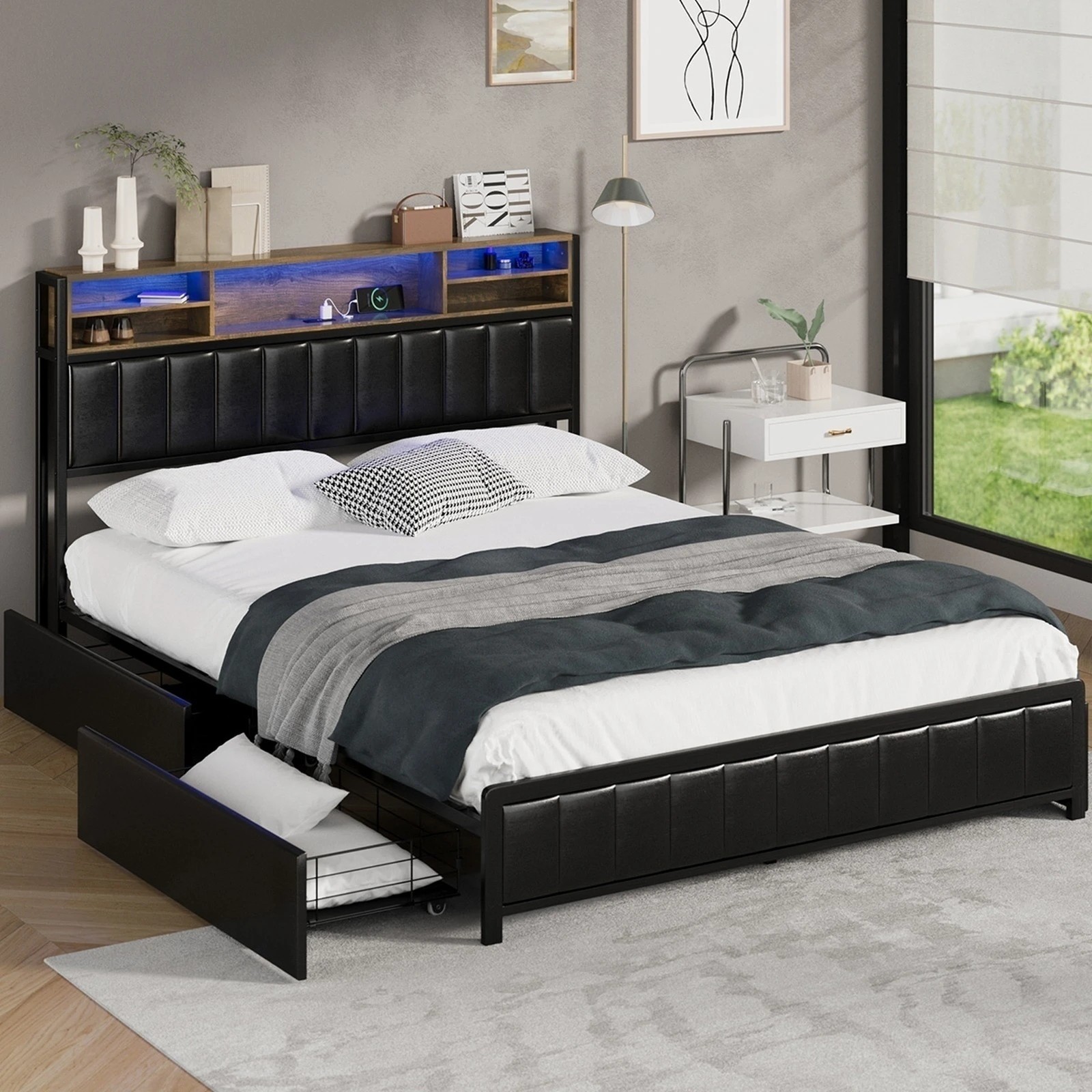 2 Oikiture Queen Bed With Led Storage Bedhead 4 Drawers Charing Port
 - Black, 2 of 10