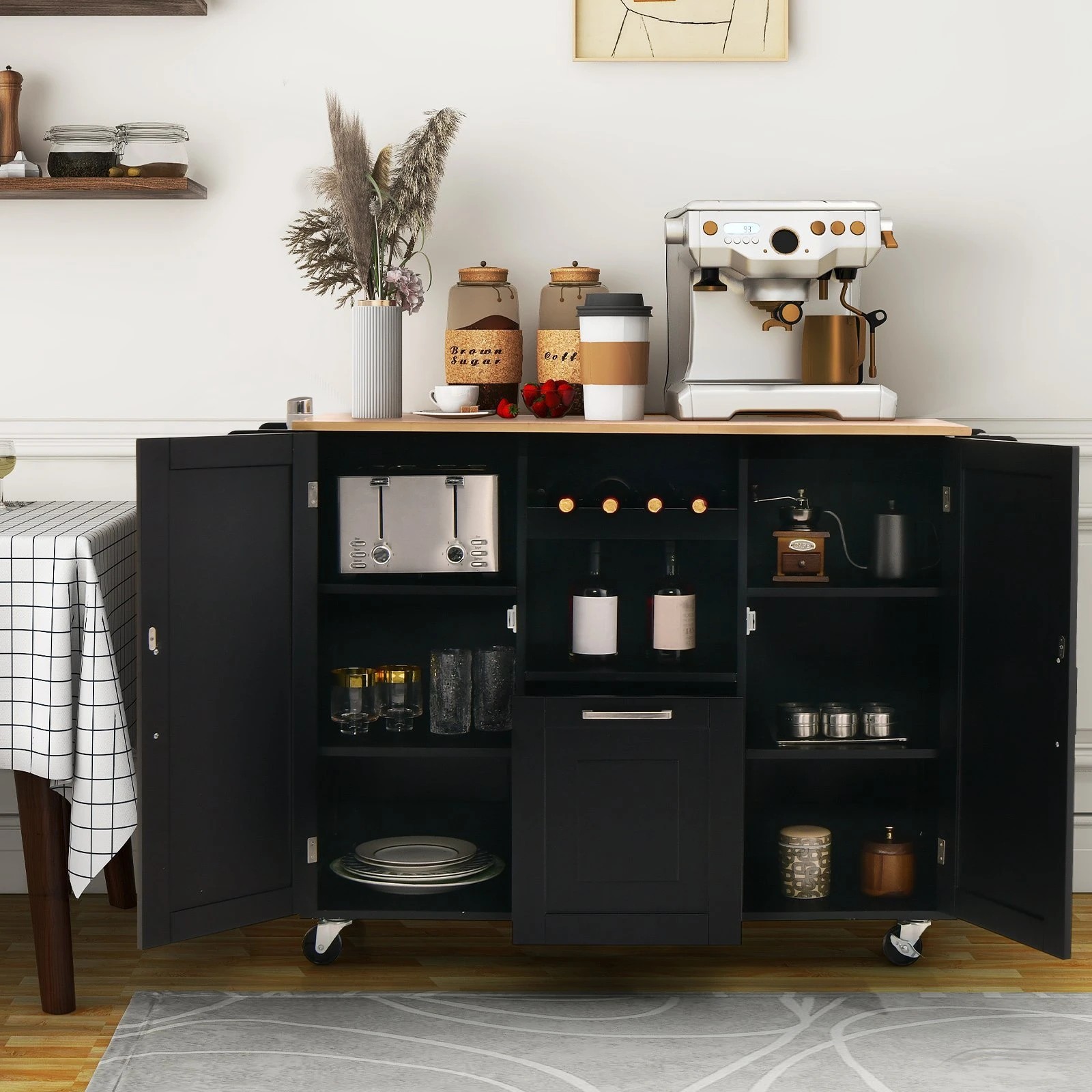 3 Costway Wood Kitchen Island Drop-leaf Trolley Black, 3 of 5