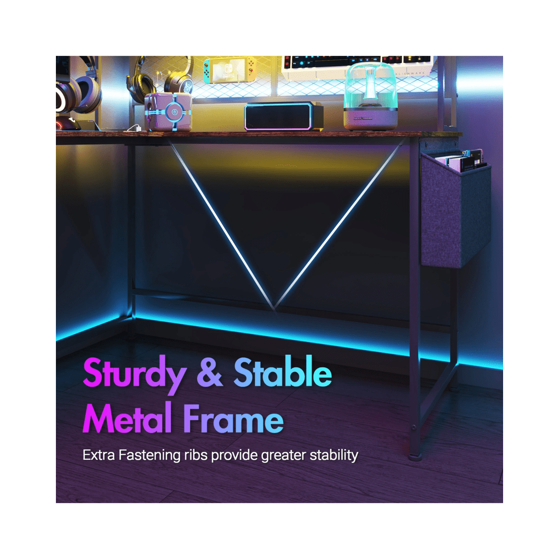 7 Advwin 170cm L Shaped Gaming Desk With Led Lights & Power Outlets Reversible Storage Shelf Computer Corner Desk Walnut, 7 of 10