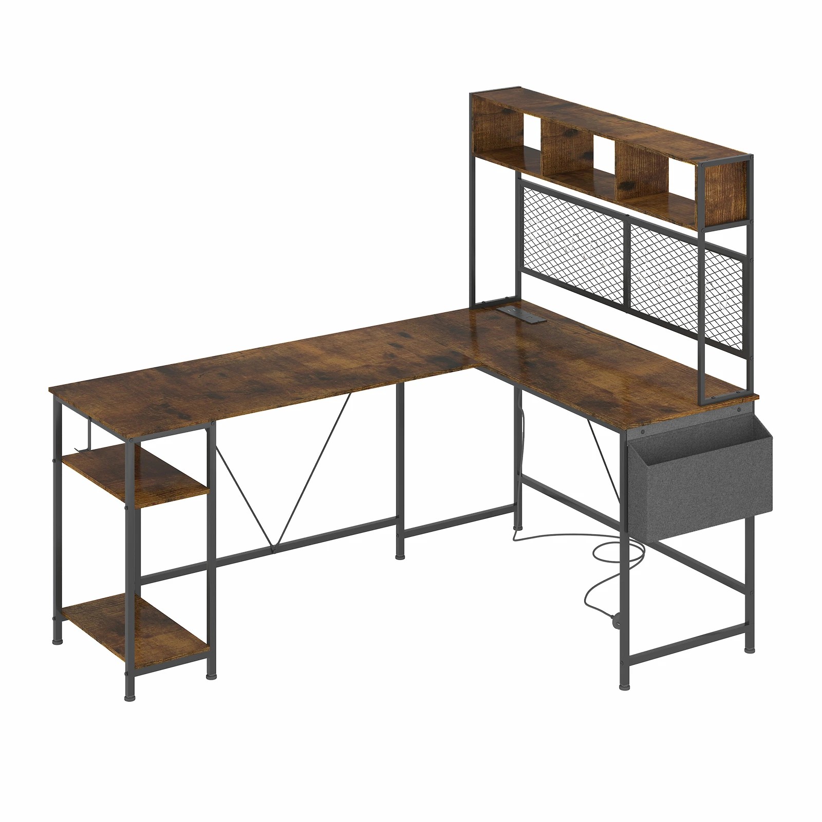 7 Advwin 170cm L Shaped Gaming Desk With Led Lights & Power Outlets Reversible Storage Shelf Computer Corner Desk Walnut, 7 of 10