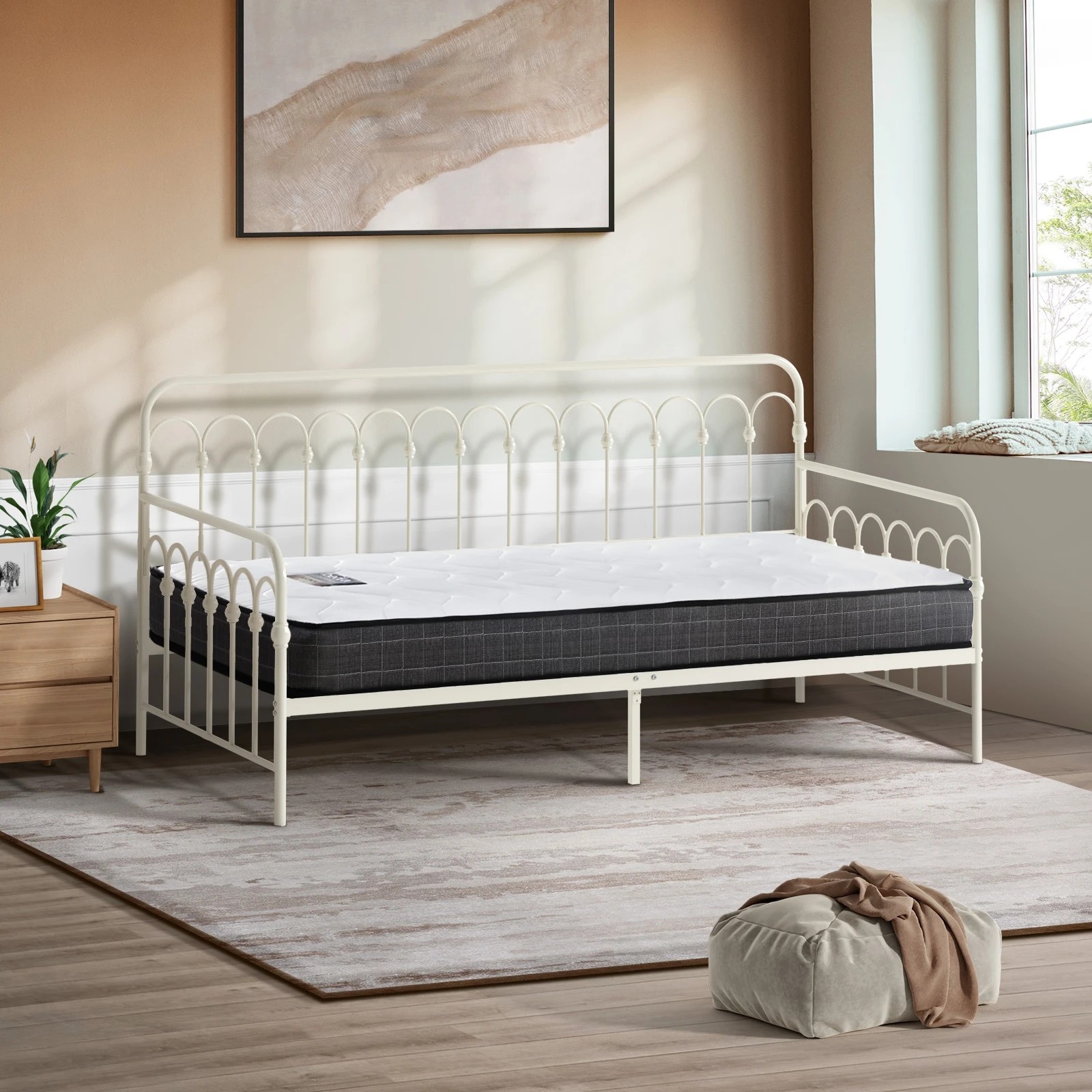 3 Oikiture Metal Daybed Frame Single Size Sofa Bed Support with Mattress - Beige, 3 of 10