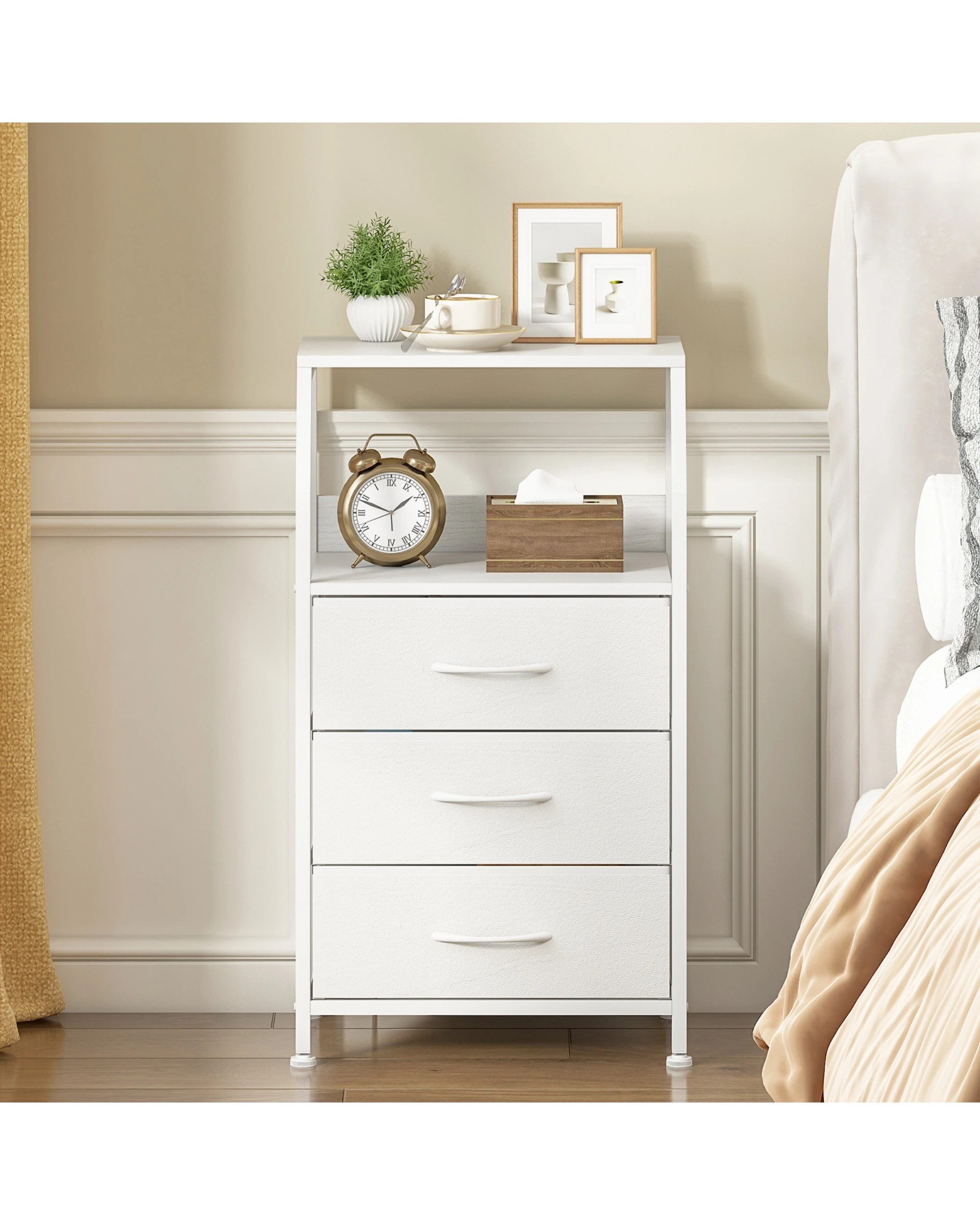 6 Advwin Set of 2 Bedside Table with 3 Fabric Drawers Storage Shelf - White, 6 of 7