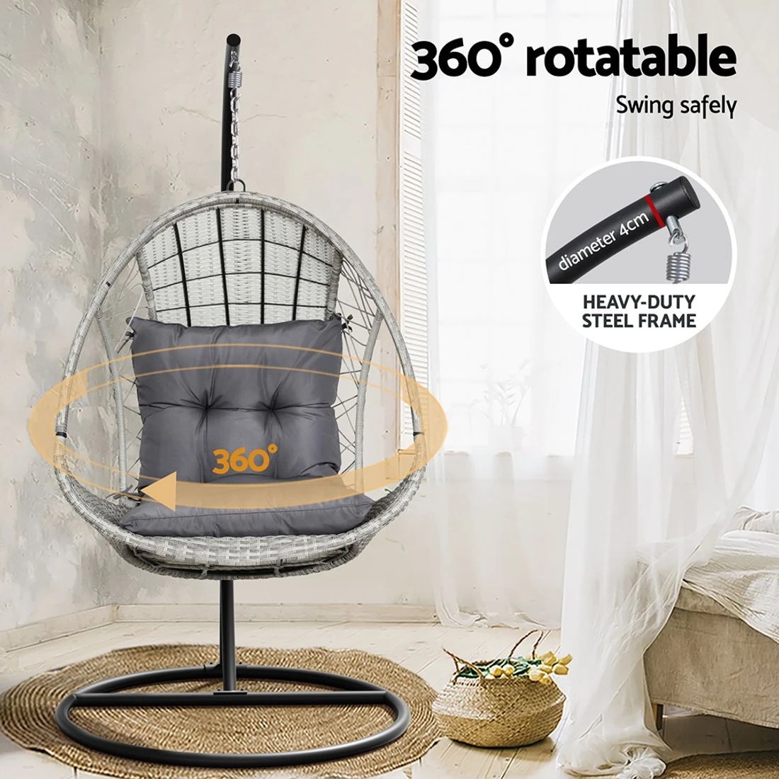 6 Gardeon Outdoor Egg Swing Chair Wicker Furniture Pod Stand Armrest Light - Grey, 6 of 6