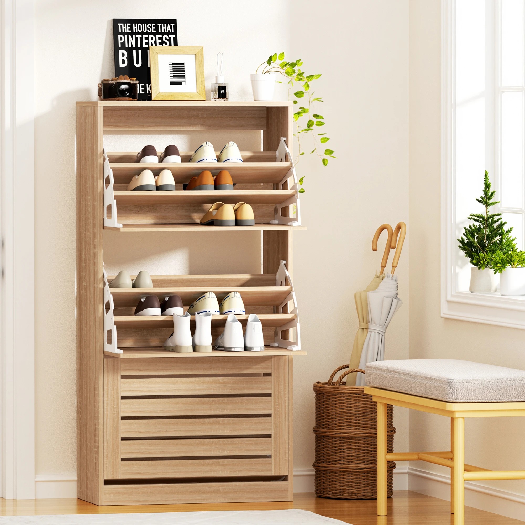 4 Artiss 2x Shoe Cabinet Storage Organiser 3 Flip Drawer Ventilated Slatted Hallway - Natural, 4 of 7