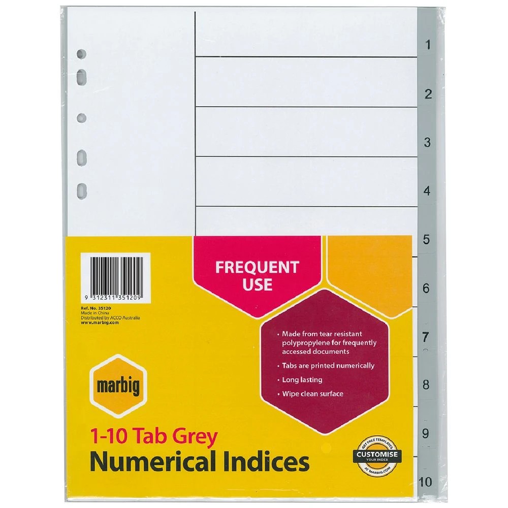 1 Marbig Polypropylene A4 1-10 Tab Divider Grey, 1 of 1