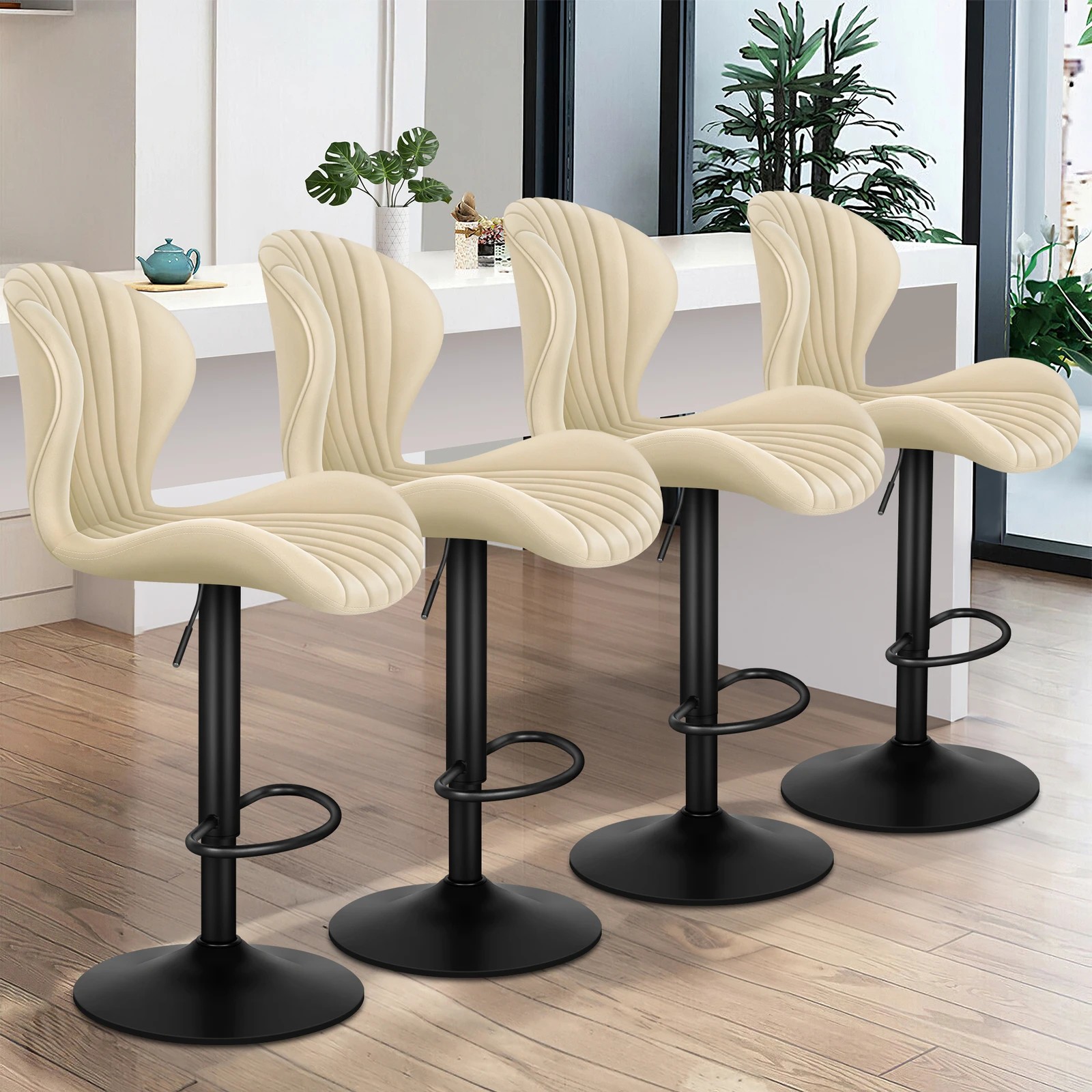 10 Alfordson 4x Bar Stools Gas Lift Air Leather Bar Chairs Kitchen Swivel - Beige, 10 of 10