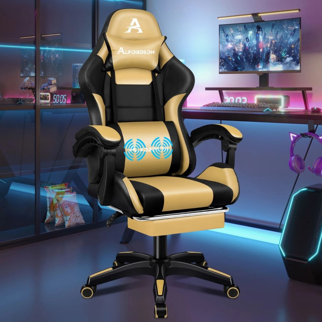 2 Alfordson Gaming Office Chair Extra Large Pillow Racing Executive Footrest Seat - Gold, 2 of 10