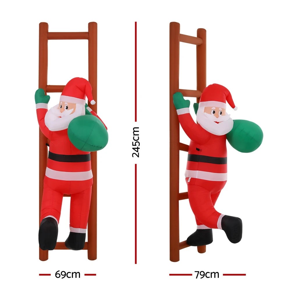 2 Jingle Jollys Christmas Inflatable Santa Climbing Ladder 2.45M Height LED Decorations Illuminated - Multi, 2 of 7