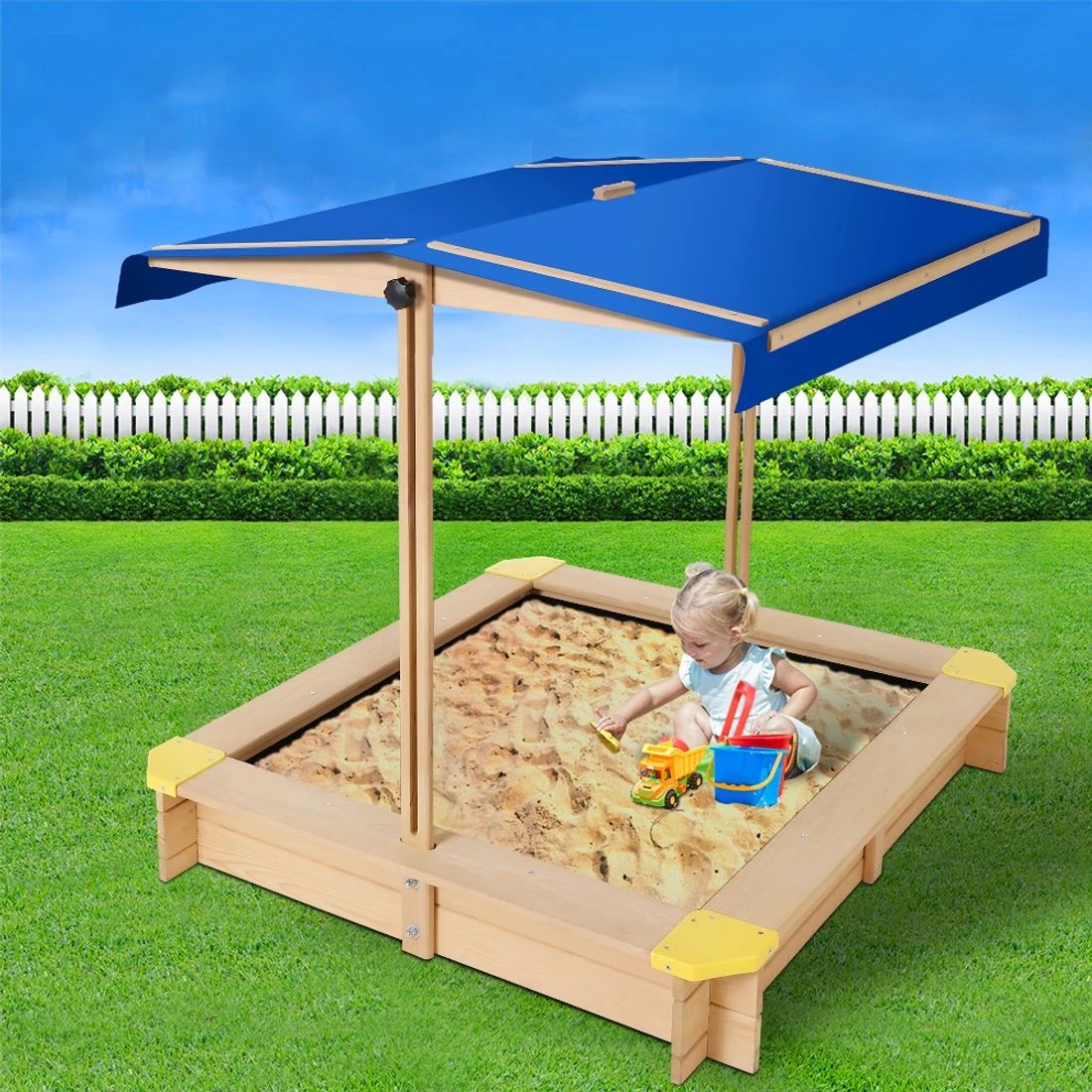 3 Keezi Kids Sandpit Wooden Sandbox Sand Pit with Canopy Bench Seat Toys 101cm - Brown, 3 of 10