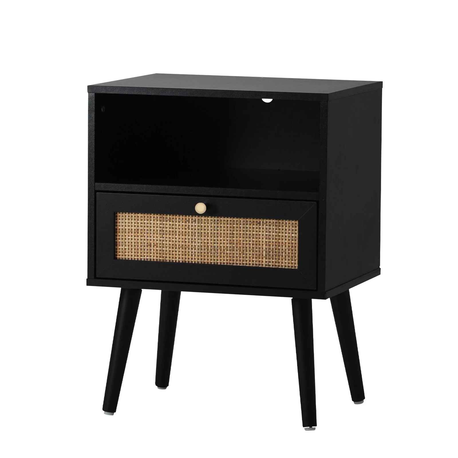 1 Oikiture Bedside Table Side Table Storage Drawer Shelf Nightstand Rattan
 - Black, 1 of 10